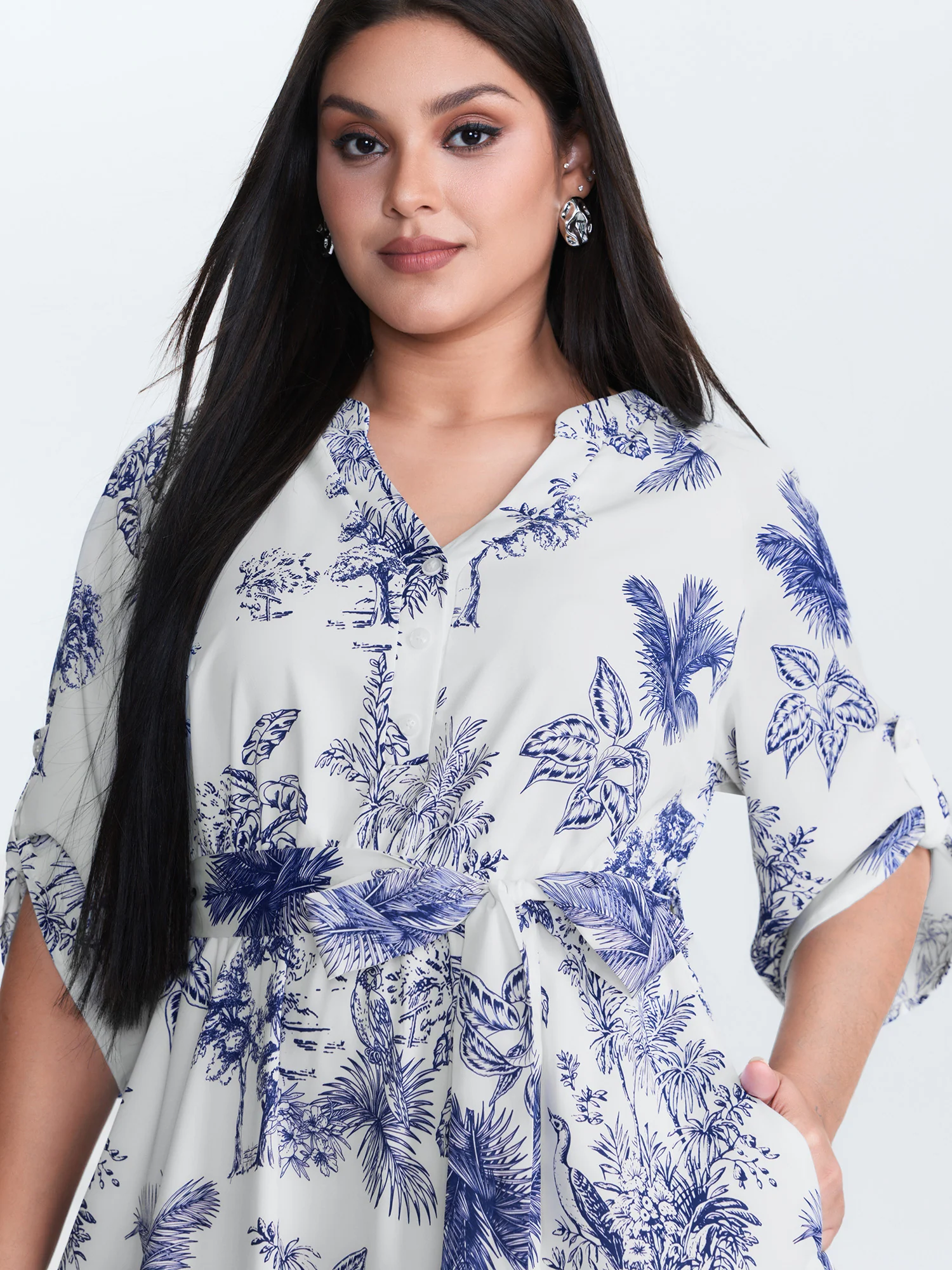 Forest Print Belted Folded Sleeve Midi Dress - Image 2
