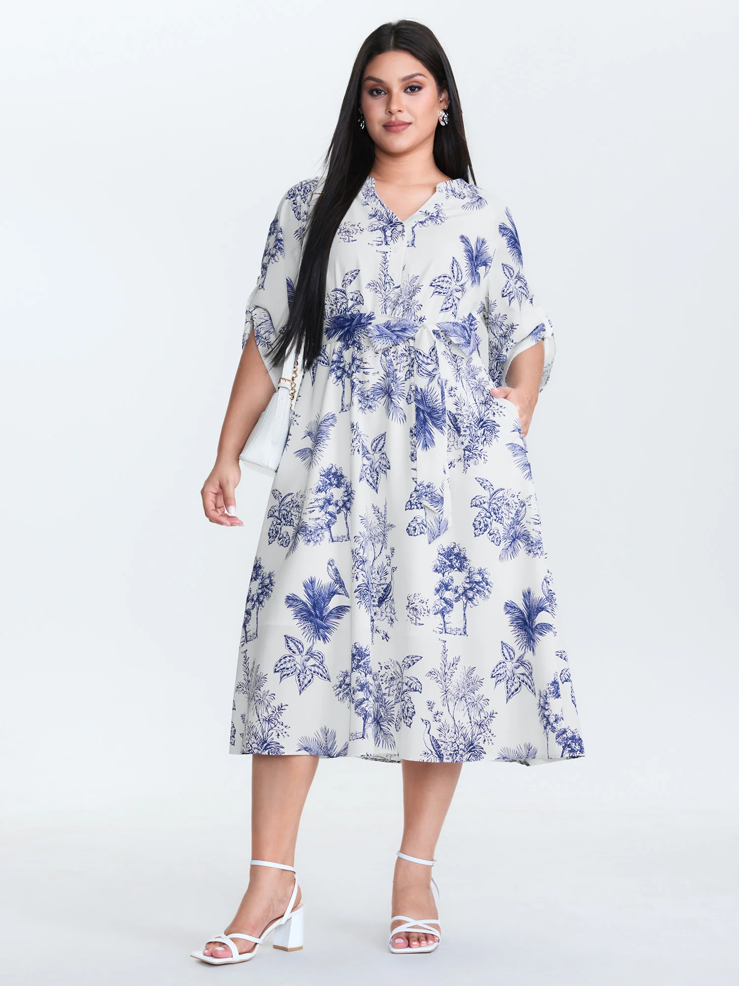 Forest Print Belted Folded Sleeve Midi Dress - Image 3