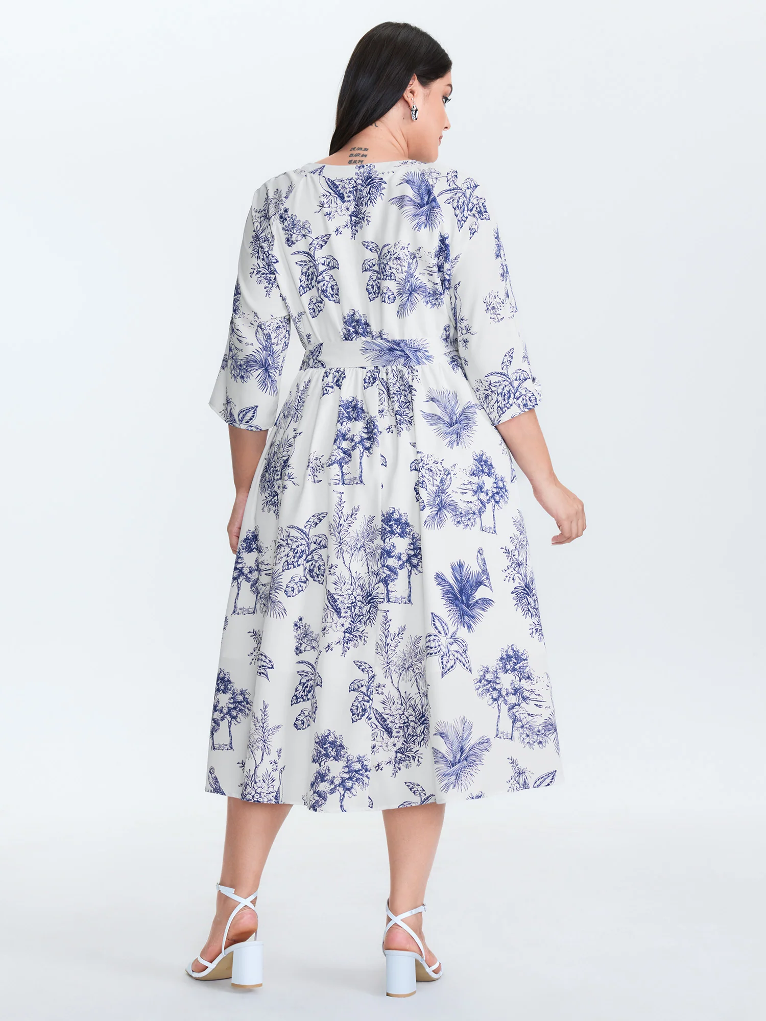 Forest Print Belted Folded Sleeve Midi Dress - Image 4