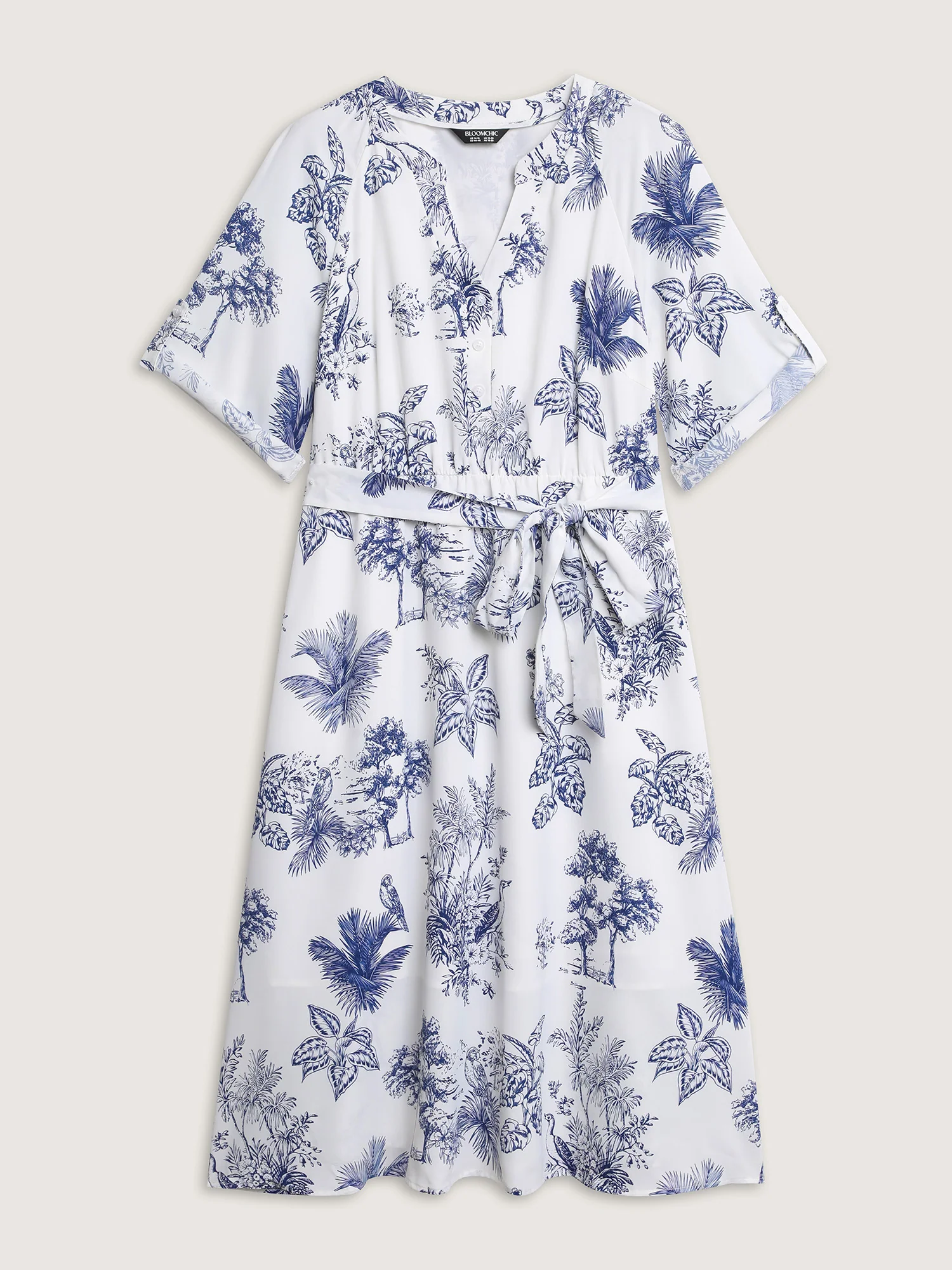 Forest Print Belted Folded Sleeve Midi Dress - Image 7