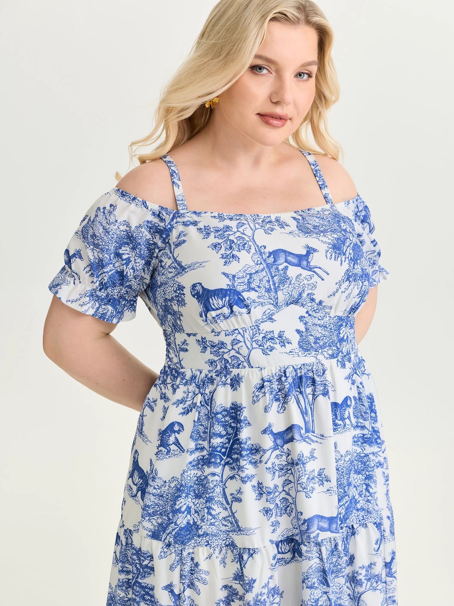 Forest Print Cold-Shoulder Flowy Maxi Dress - Image 2