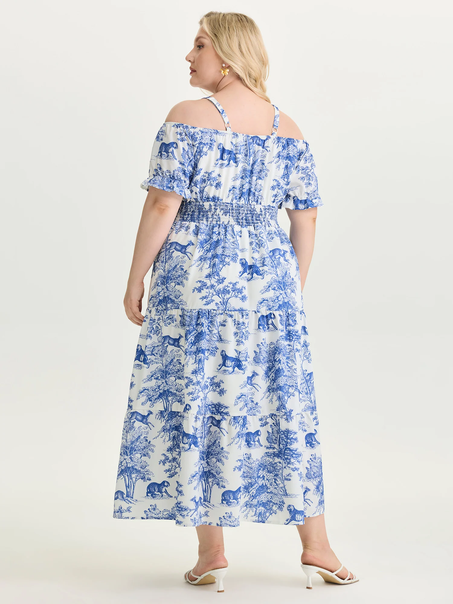 Forest Print Cold-Shoulder Flowy Maxi Dress - Image 5