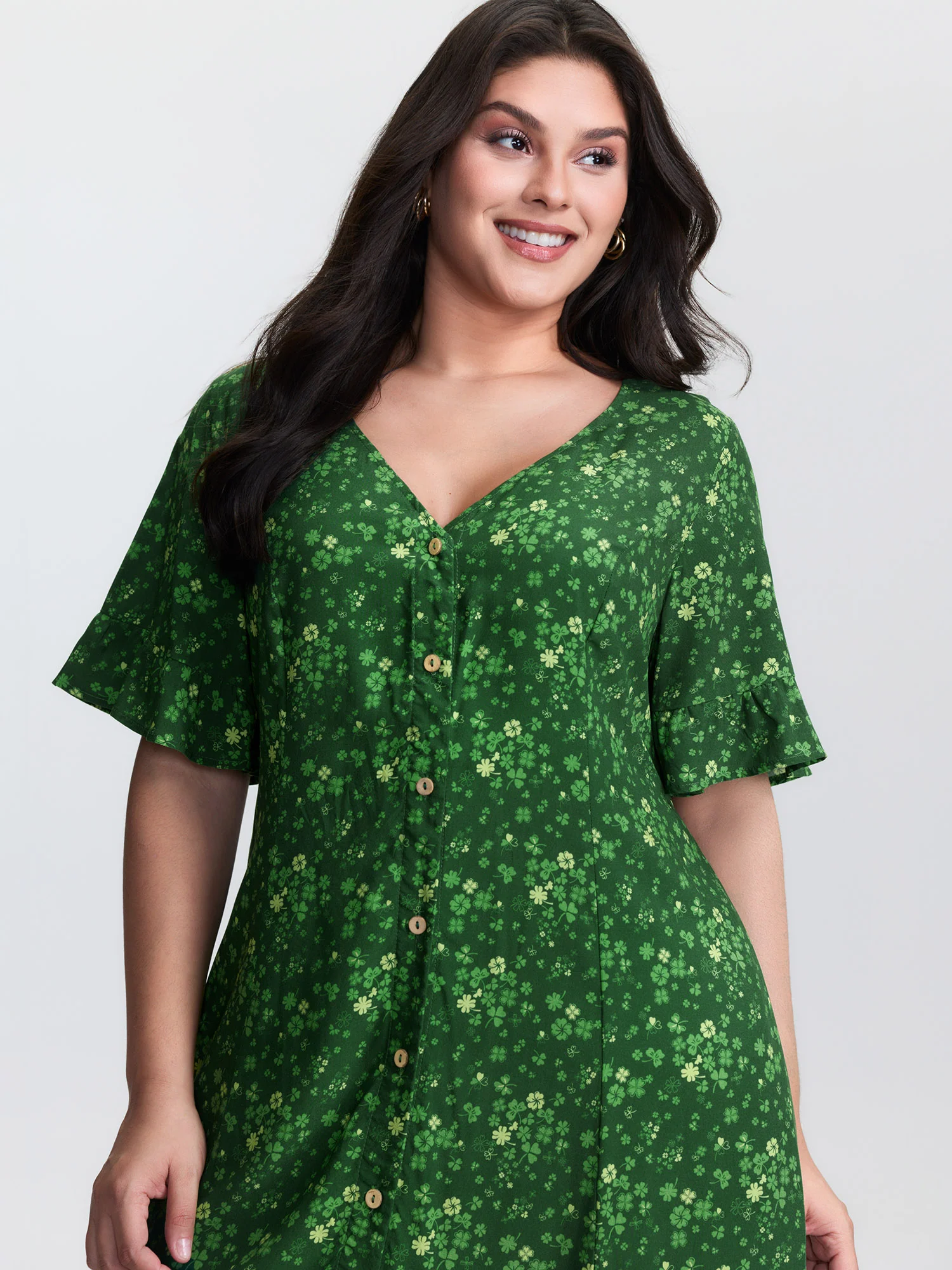 Four Leaf Clover Print Button Mini Dress - Image 2