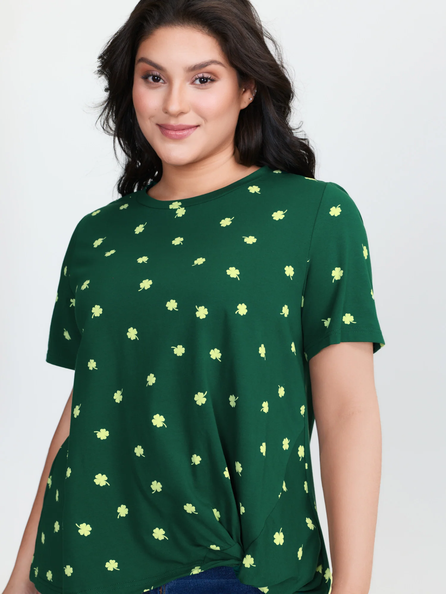 Four Leaf Clover Print Knotted Side T-Shirt - Image 2
