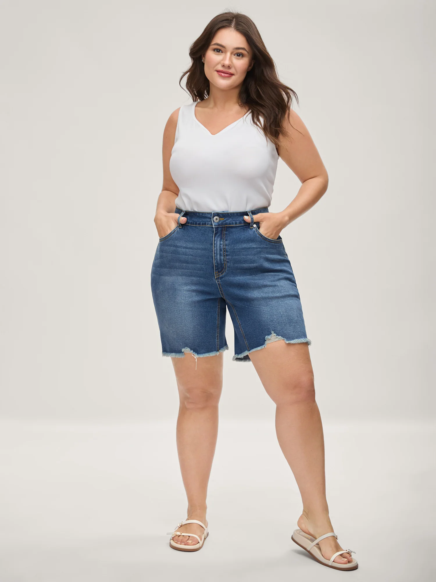 High-Rise Ripped Hem Straight-Leg Denim Shorts - Image 5
