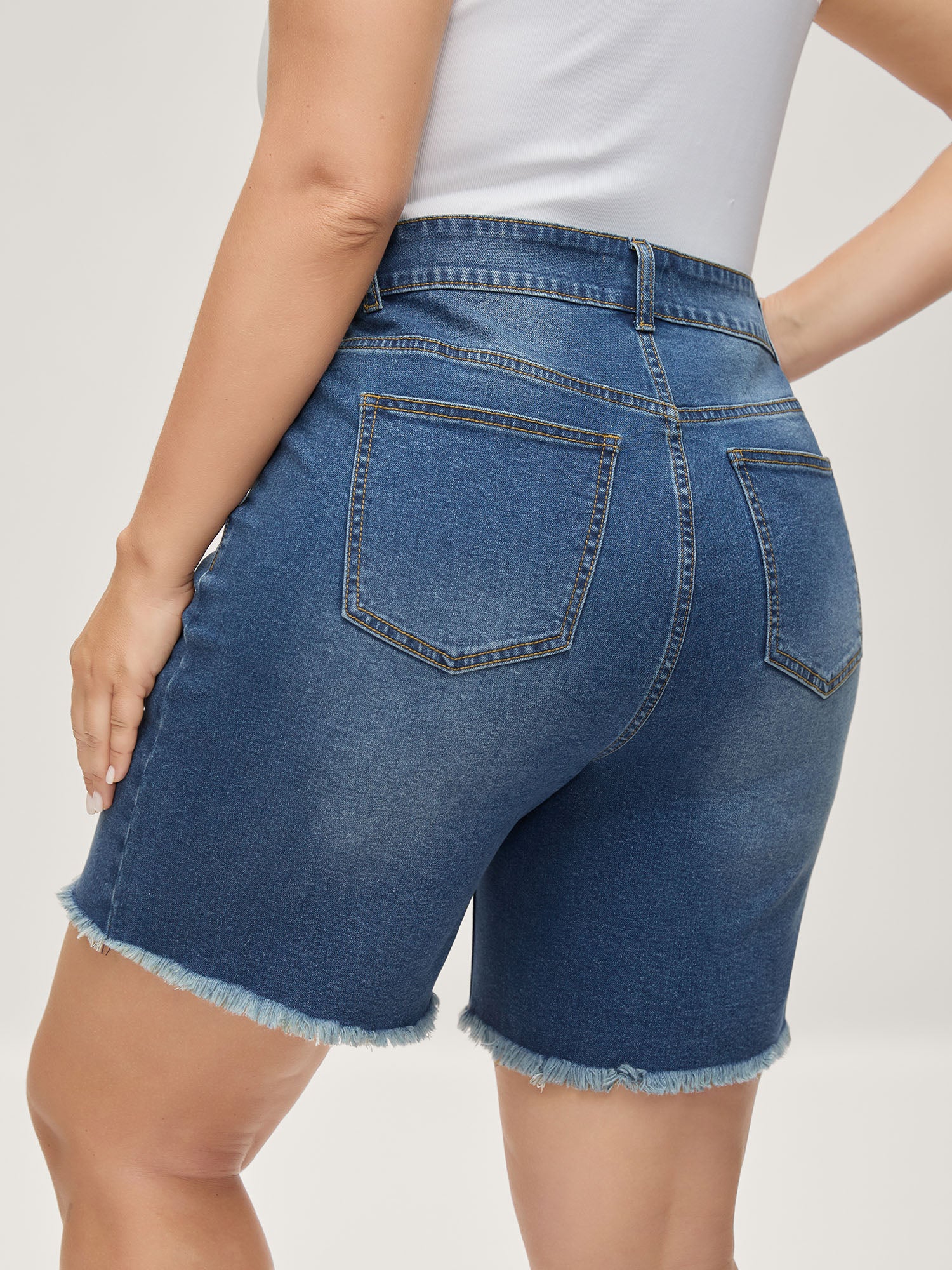High-Rise Ripped Hem Straight-Leg Denim Shorts - Image 6