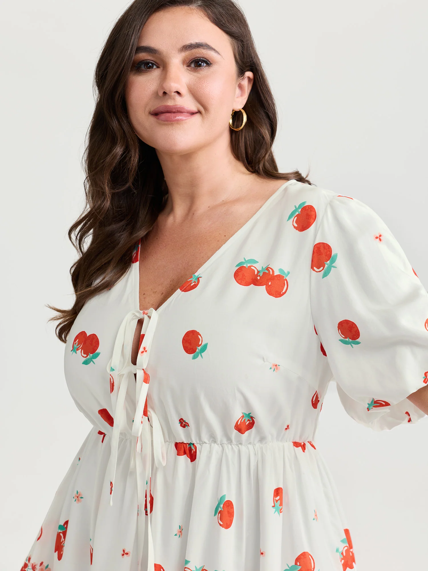 Fresh Tomato Print Triple Tie Front Blouse - Image 2