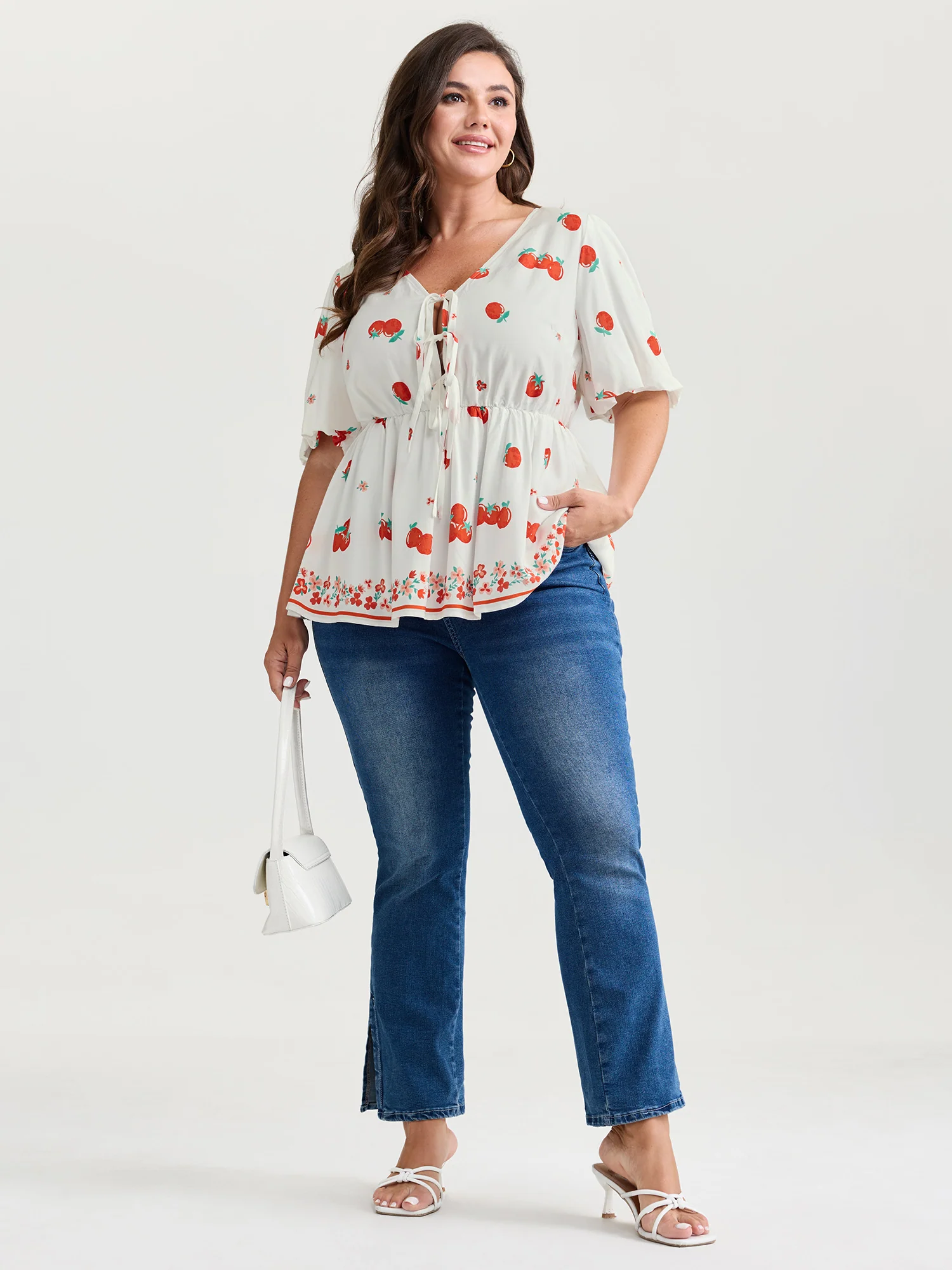 Fresh Tomato Print Triple Tie Front Blouse - Image 3