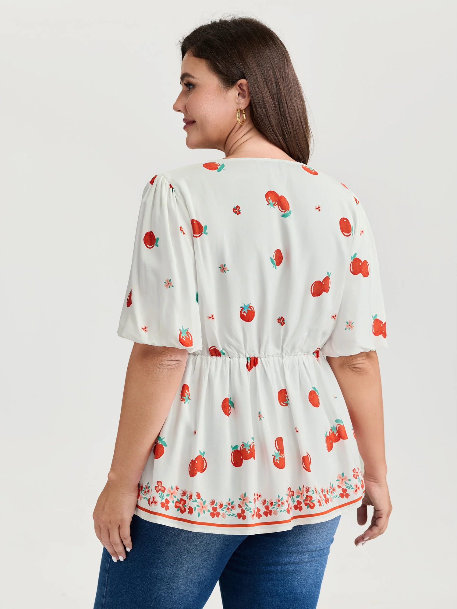 Fresh Tomato Print Triple Tie Front Blouse - Image 4