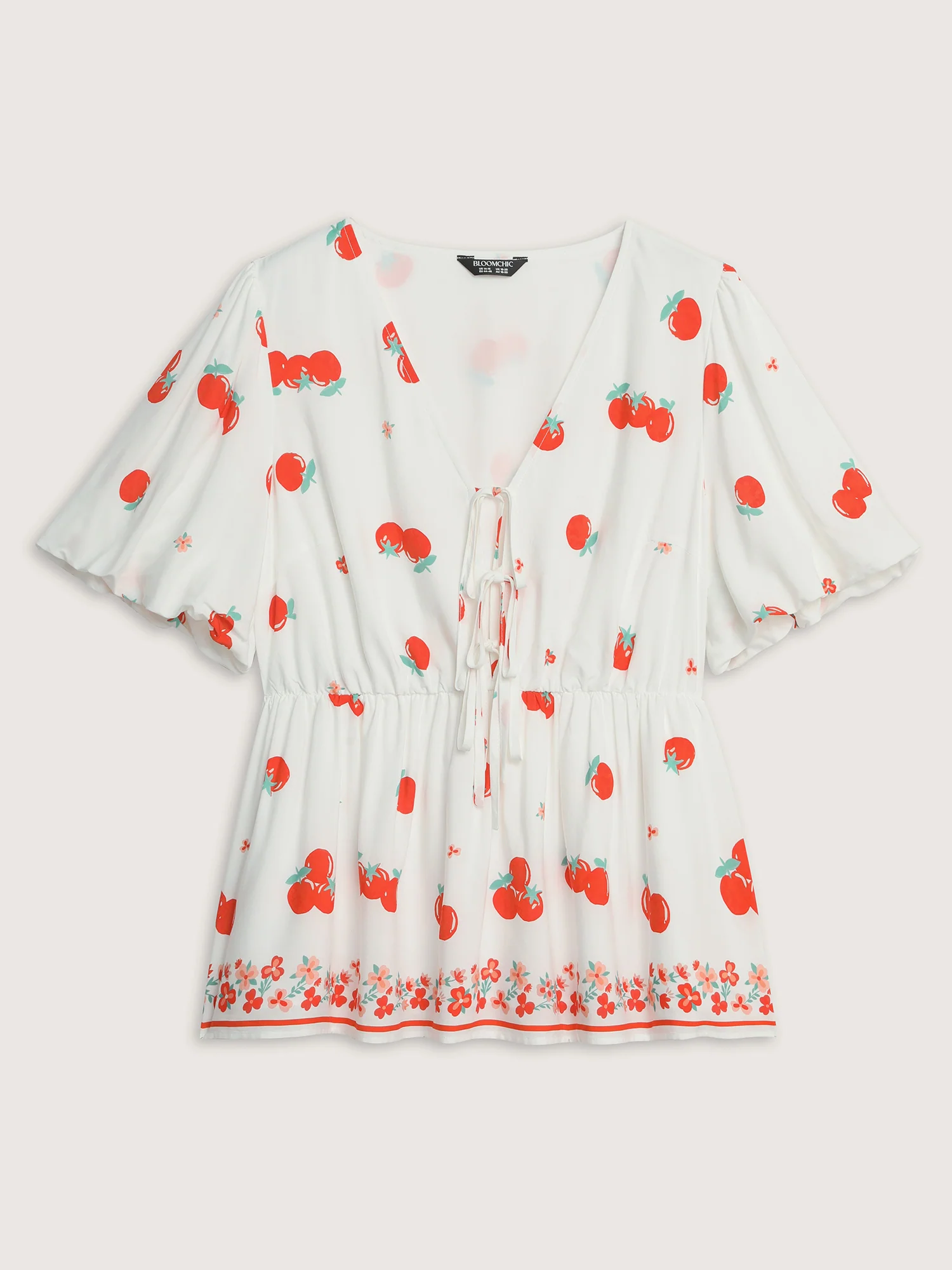 Fresh Tomato Print Triple Tie Front Blouse - Image 7