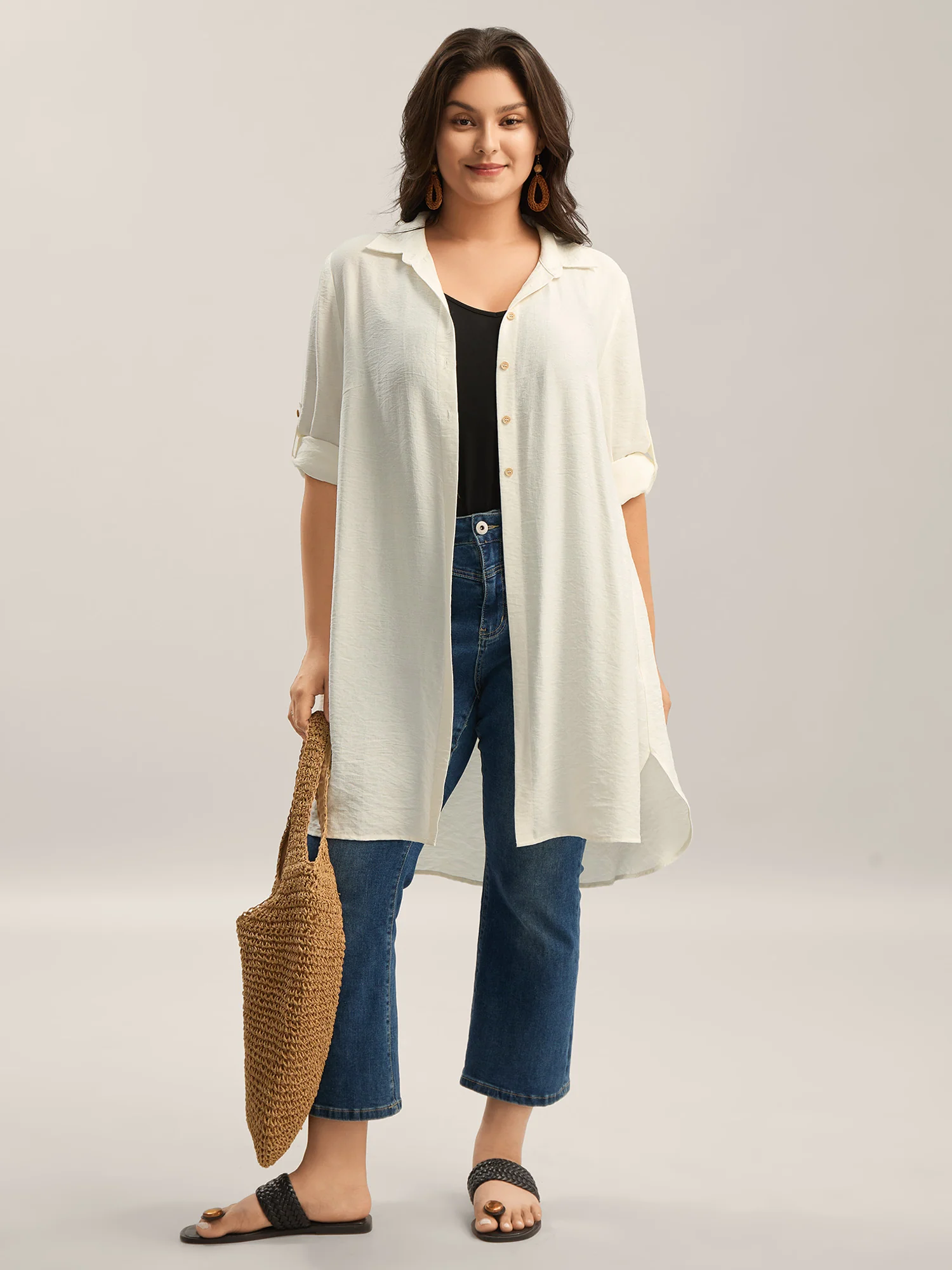 Front-Open Long Basic Blouse - Image 3