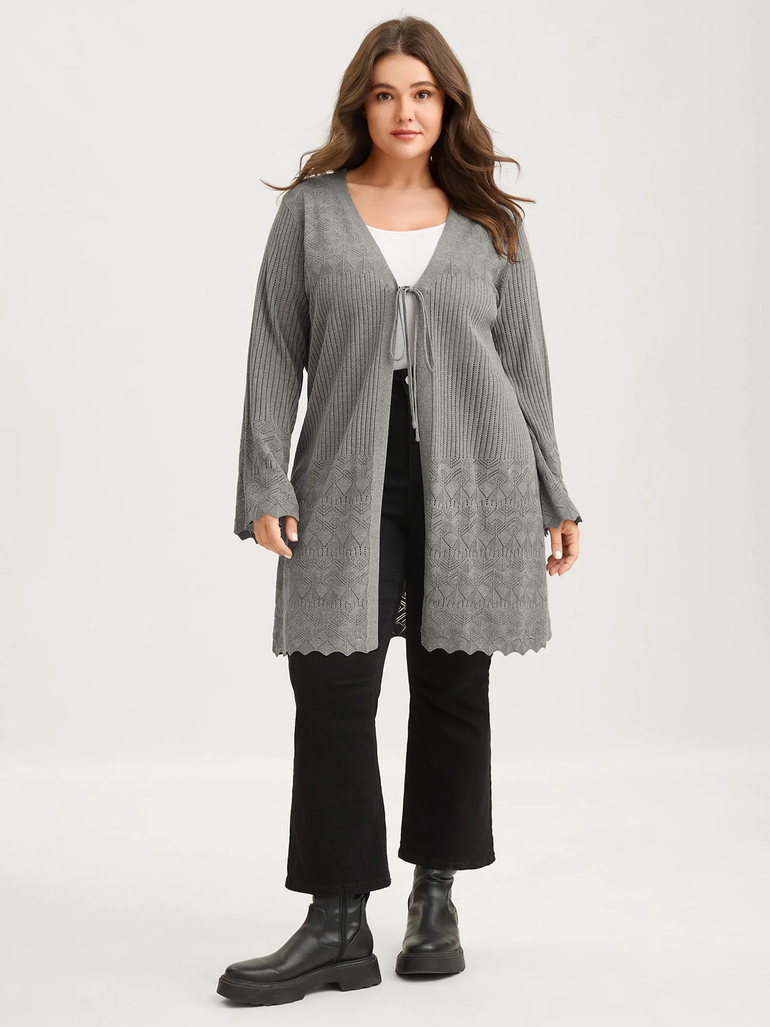 Front Tie Textured Long Knit Cardigan - Image 2