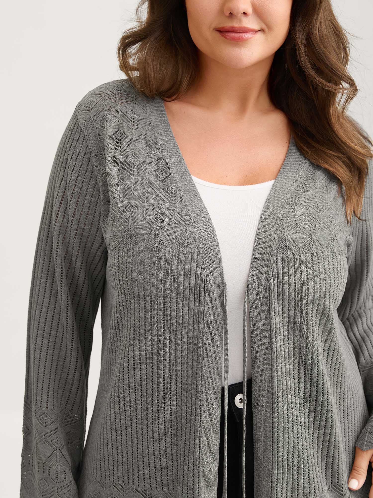 Front Tie Textured Long Knit Cardigan - Image 3