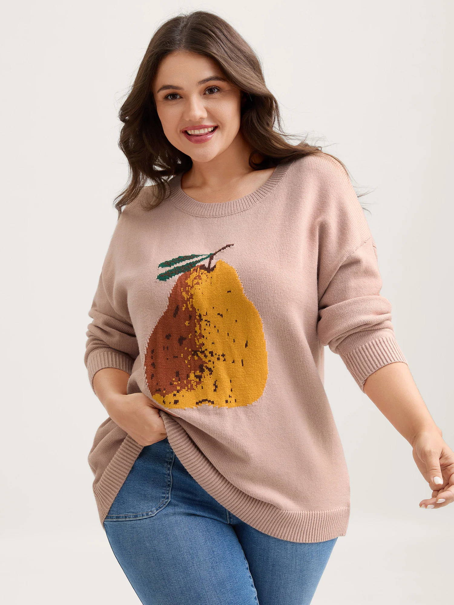 Fruit Jacquard Ribbed Hem Pullover - Image 2