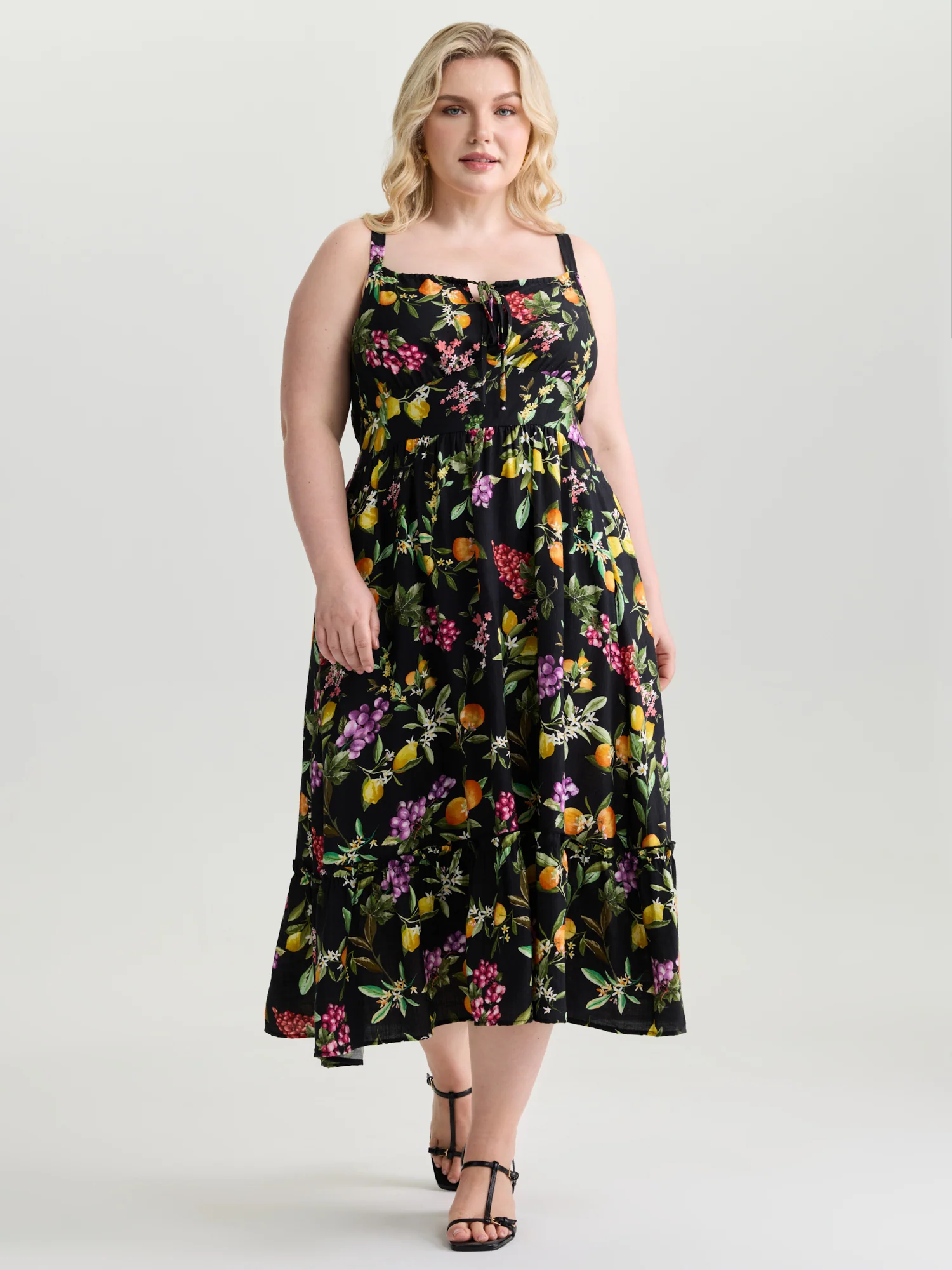 Fruit Print Bust-Friendly Drawstring Midi Dress