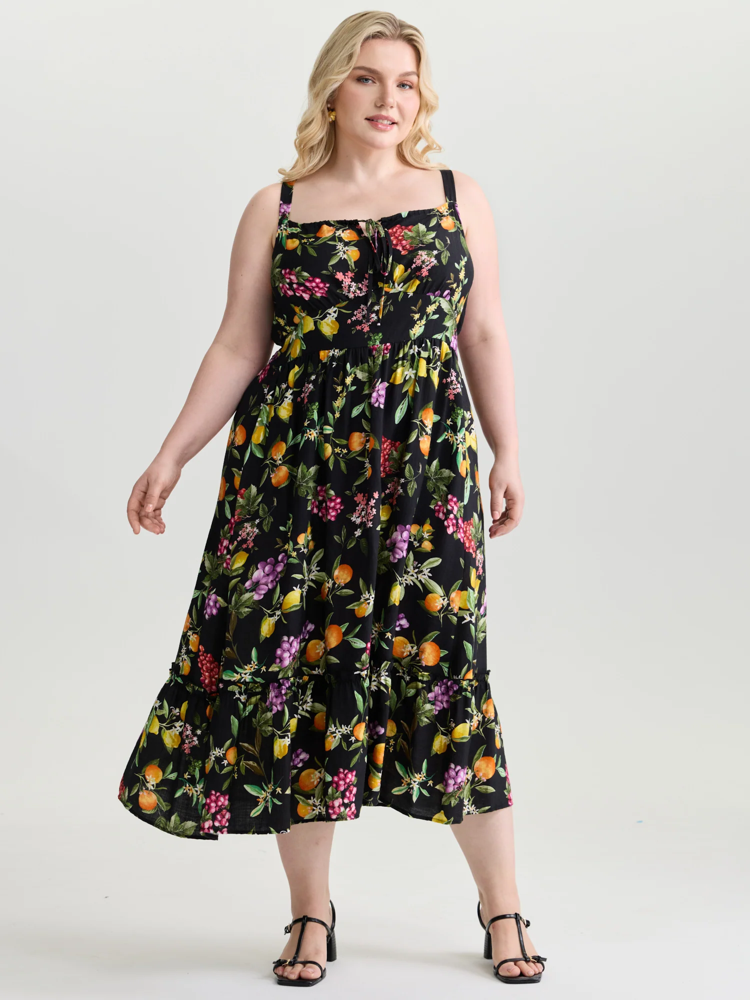 Fruit Print Bust-Friendly Drawstring Midi Dress - Image 3