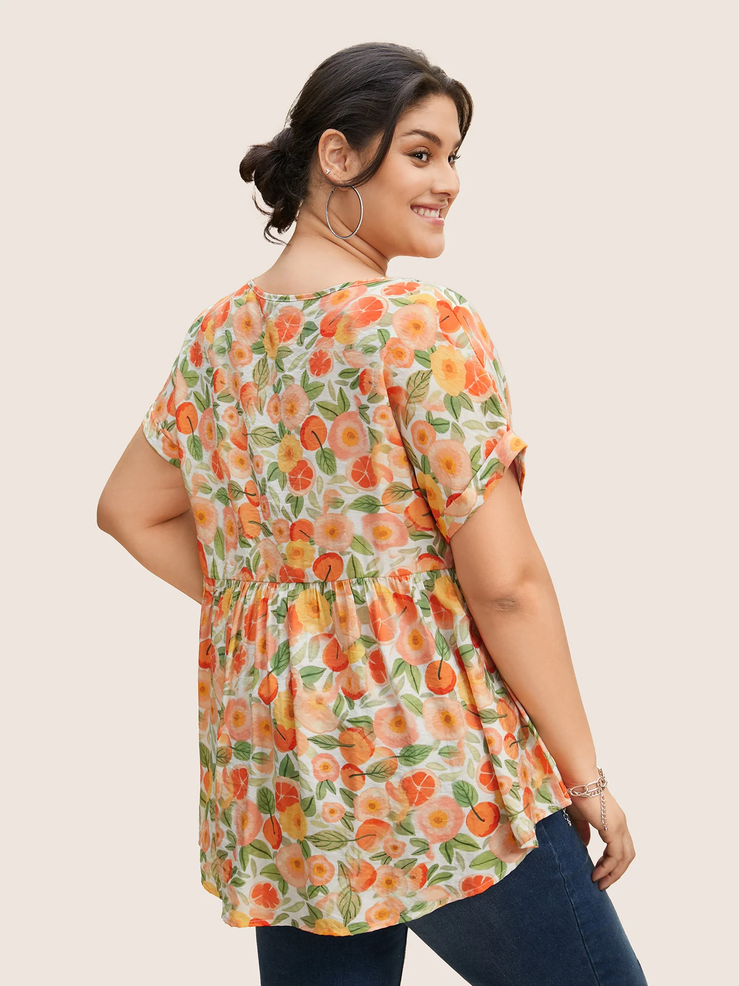Fruit Print Curved Hem Batwing Sleeve Blouse - Image 2