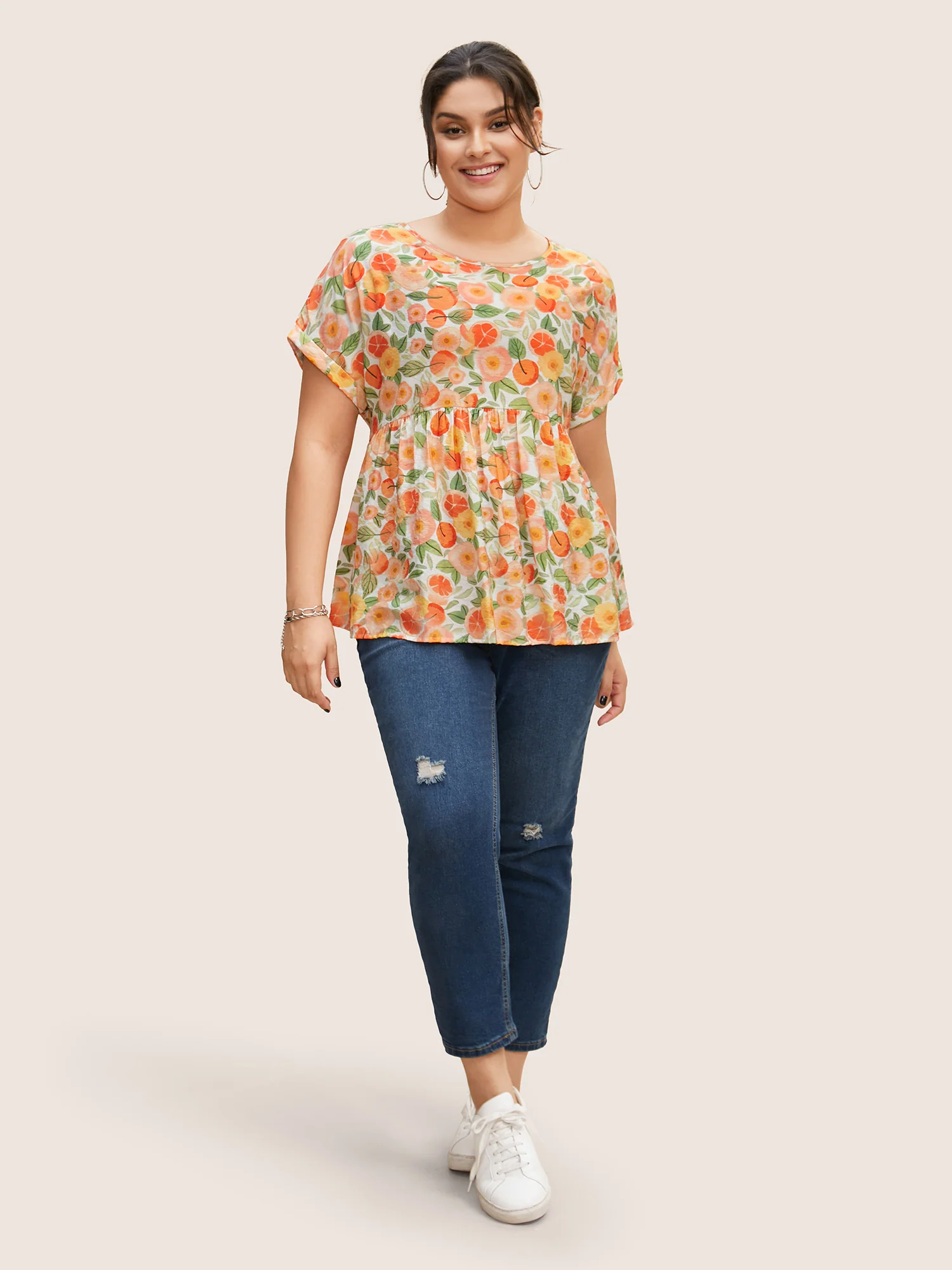 Fruit Print Curved Hem Batwing Sleeve Blouse - Image 3