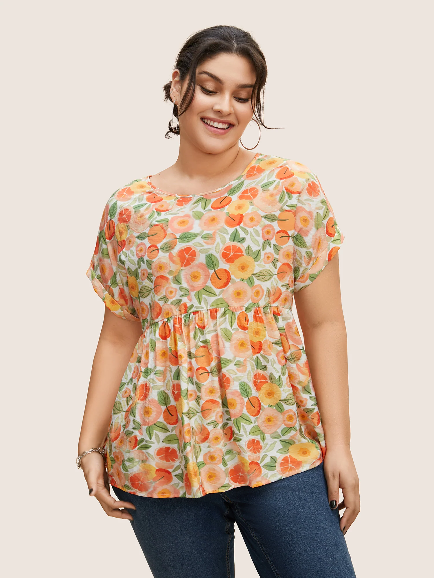 Fruit Print Curved Hem Batwing Sleeve Blouse - Image 4