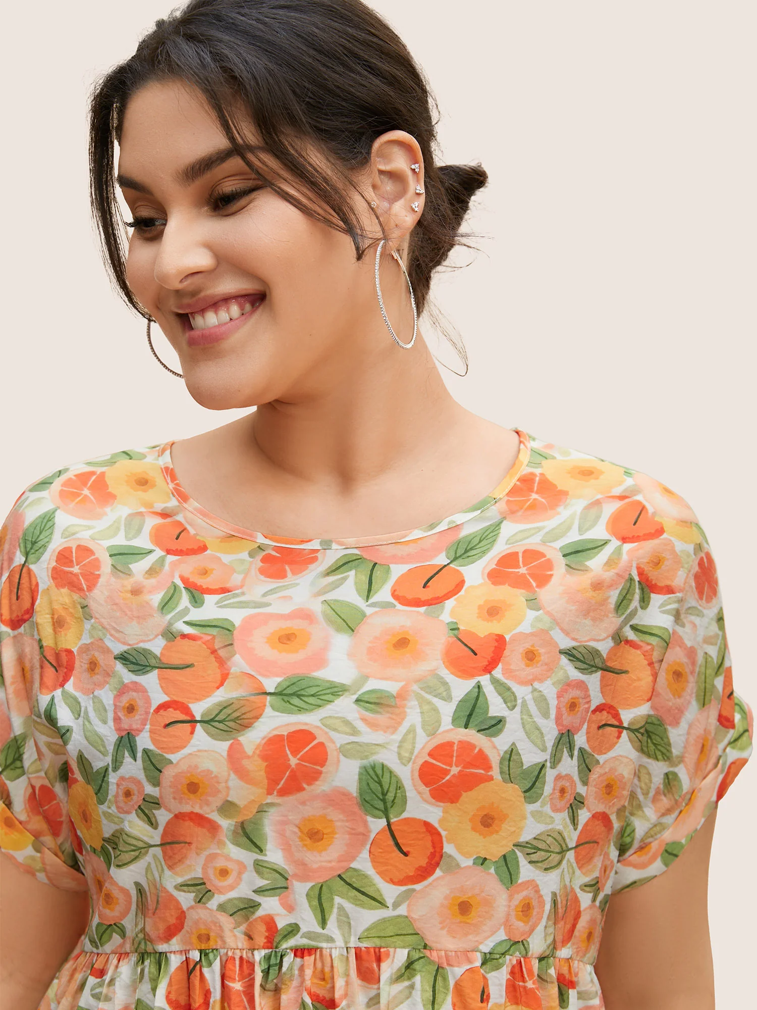 Fruit Print Curved Hem Batwing Sleeve Blouse - Image 5