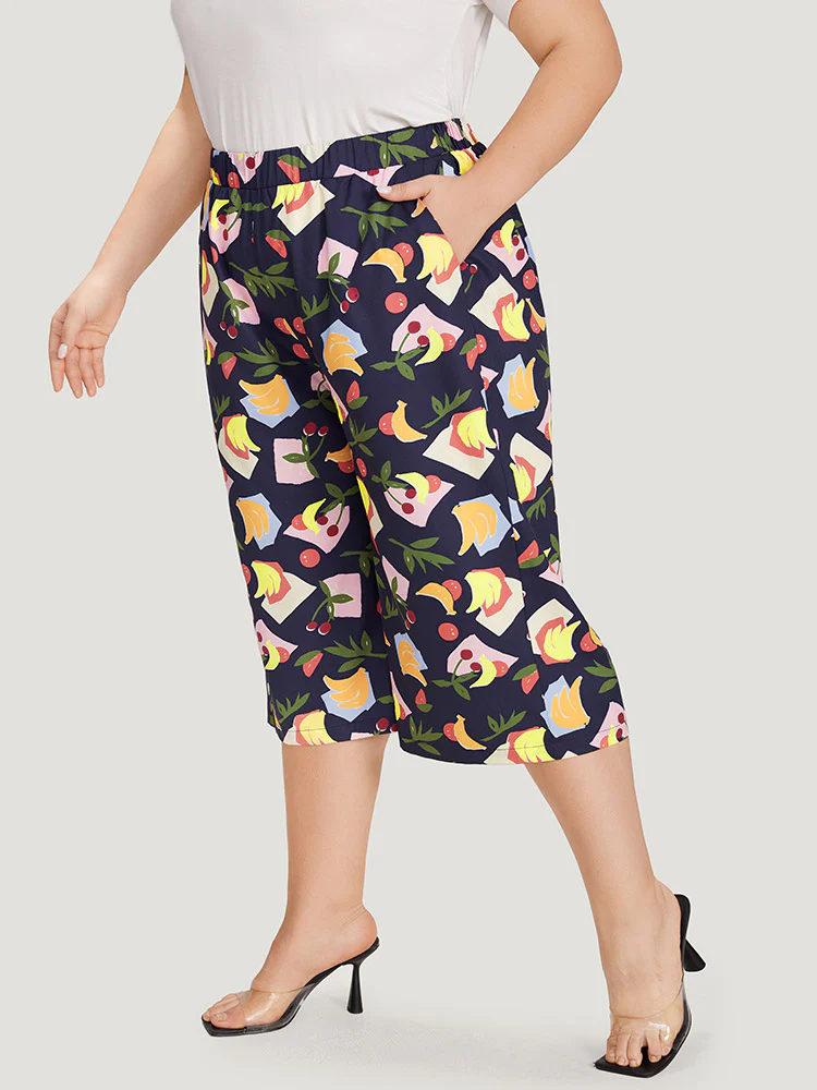 Fruit Print Slant Pocket Elastic Waist Pants - Image 3