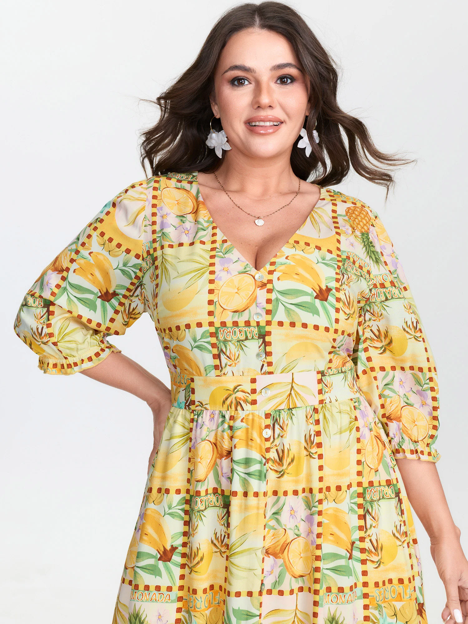 Fruity Collage Cinched Waist Slit Midi Dress - Image 2