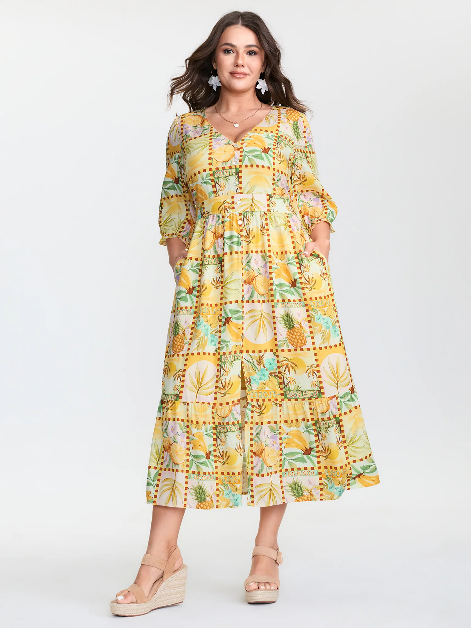 Fruity Collage Cinched Waist Slit Midi Dress - Image 3