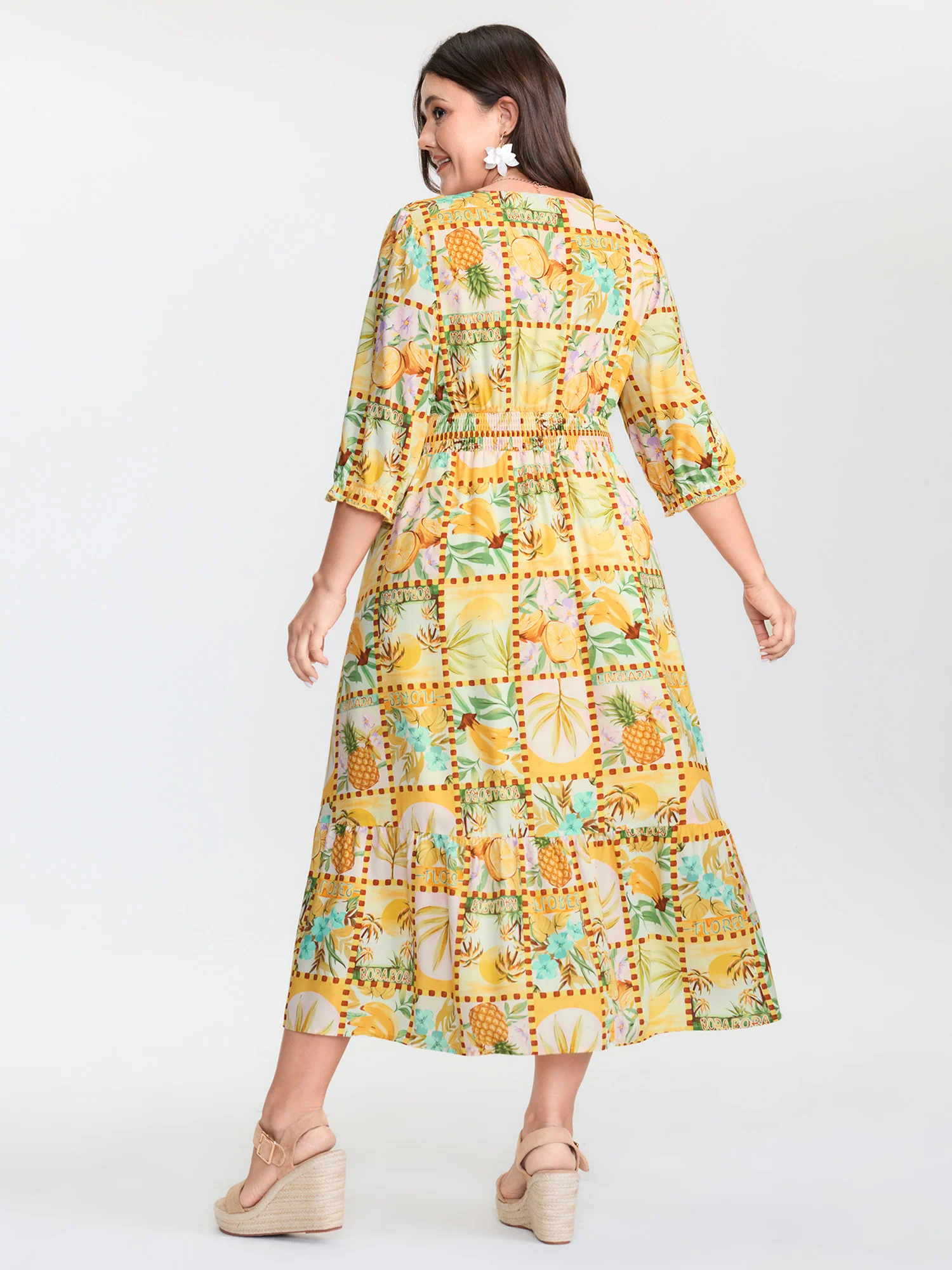 Fruity Collage Cinched Waist Slit Midi Dress - Image 4