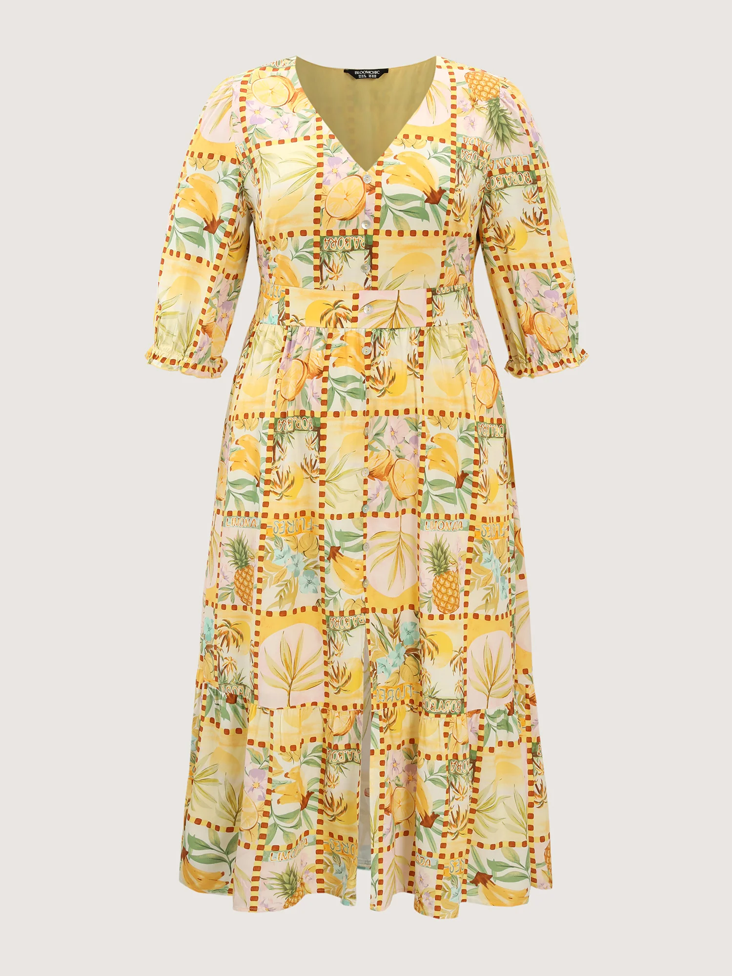 Fruity Collage Cinched Waist Slit Midi Dress - Image 7