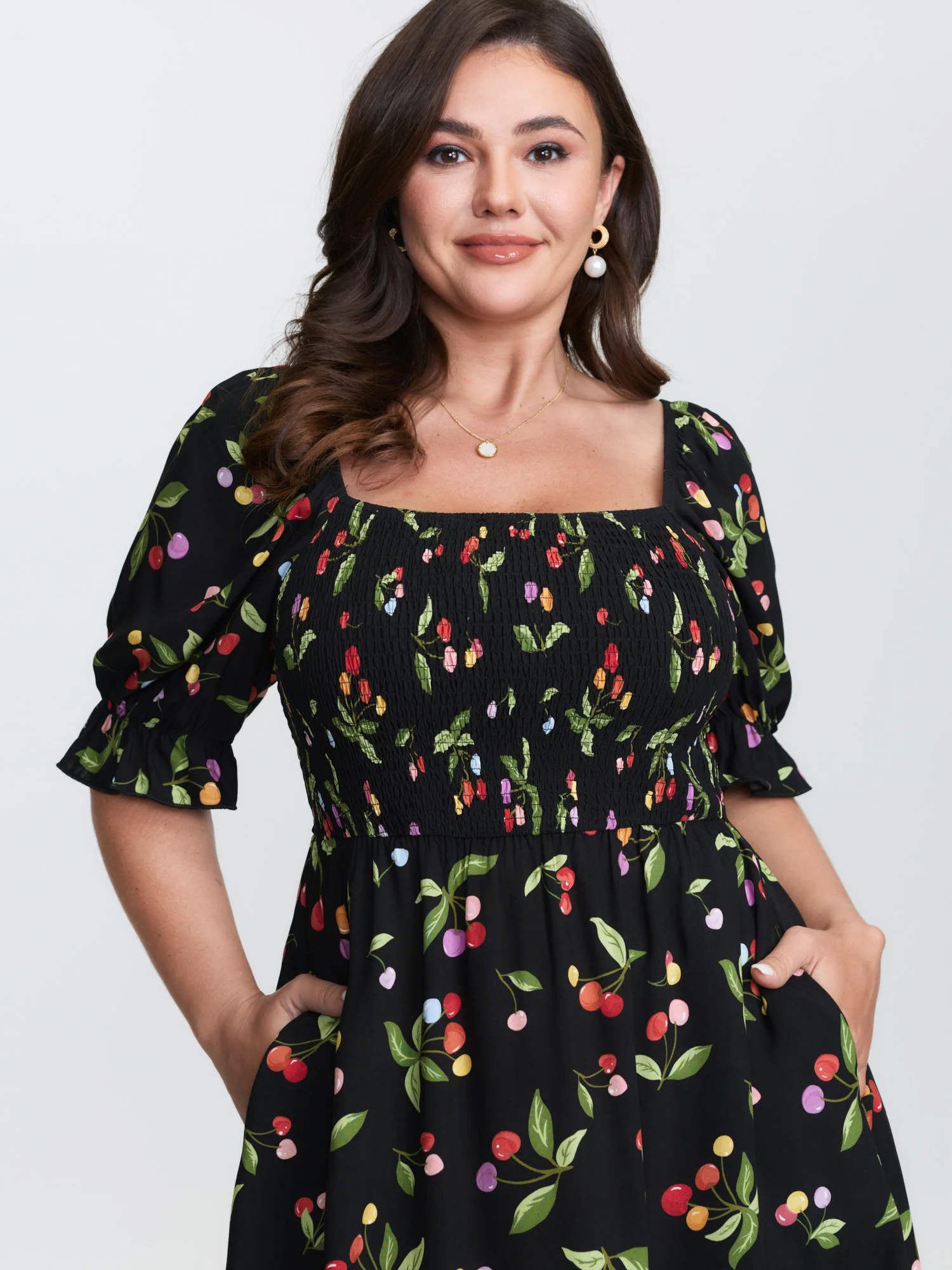 Fruity Floral Print Shirred Bodice Midi Dress - Image 2