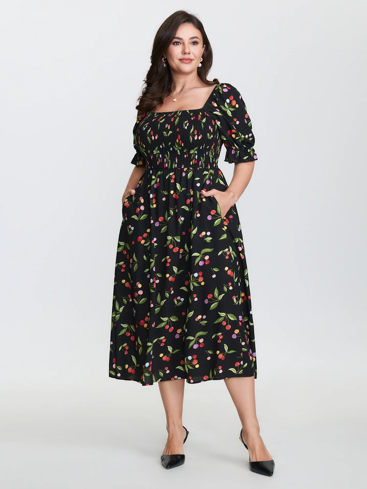Fruity Floral Print Shirred Bodice Midi Dress - Image 3