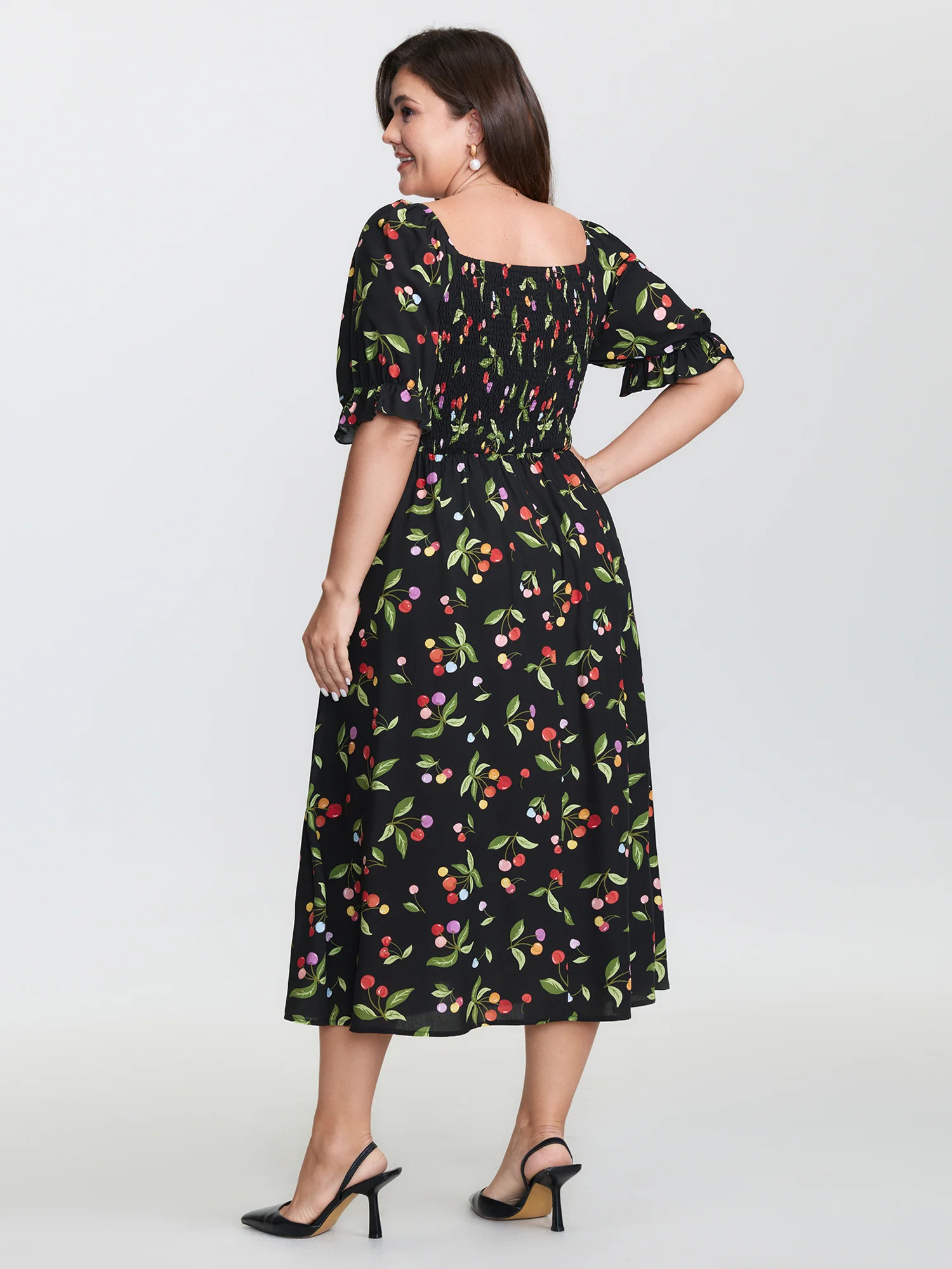 Fruity Floral Print Shirred Bodice Midi Dress - Image 4