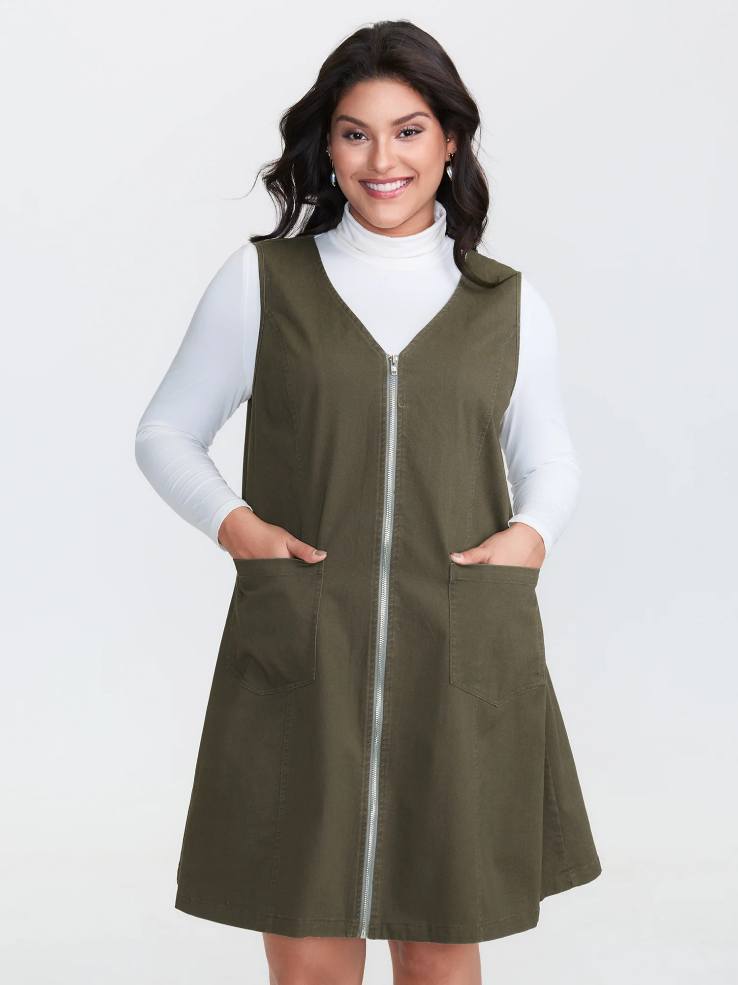 Full-Zipper V-Neck Sleeveless Midi Dress - Image 2