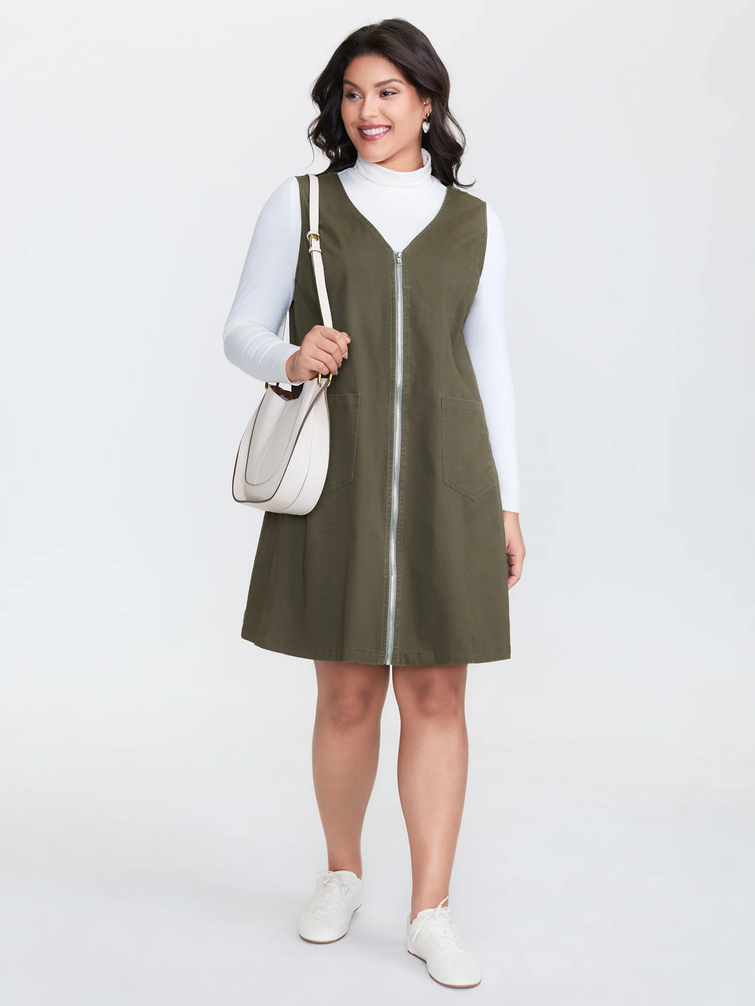 Full-Zipper V-Neck Sleeveless Midi Dress - Image 3