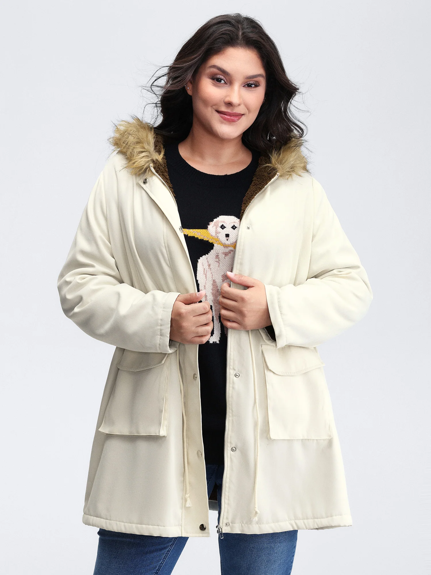 Fur Collar Adjustable Drawstring Quilted Jacket - Image 2
