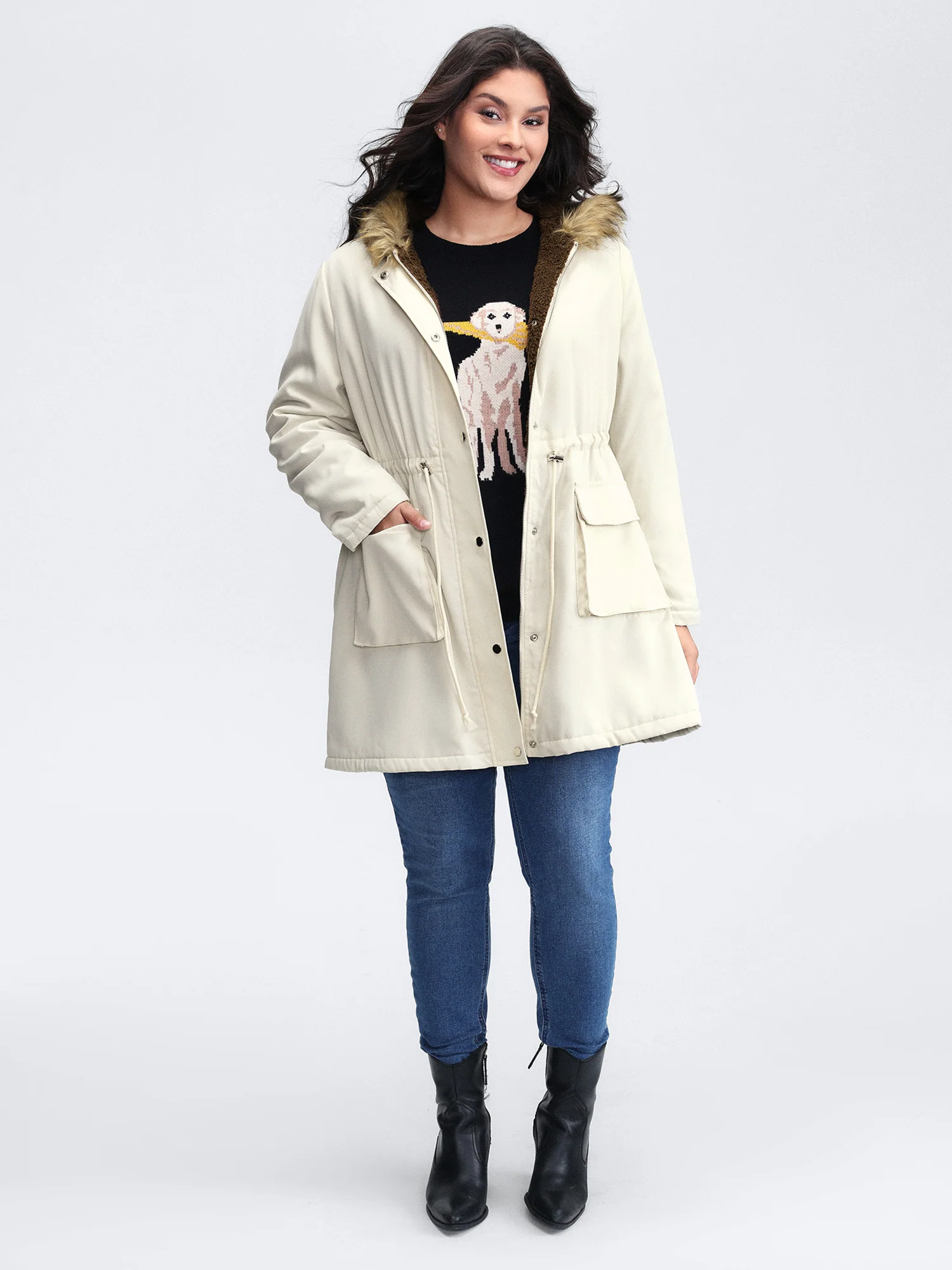 Fur Collar Adjustable Drawstring Quilted Jacket - Image 3