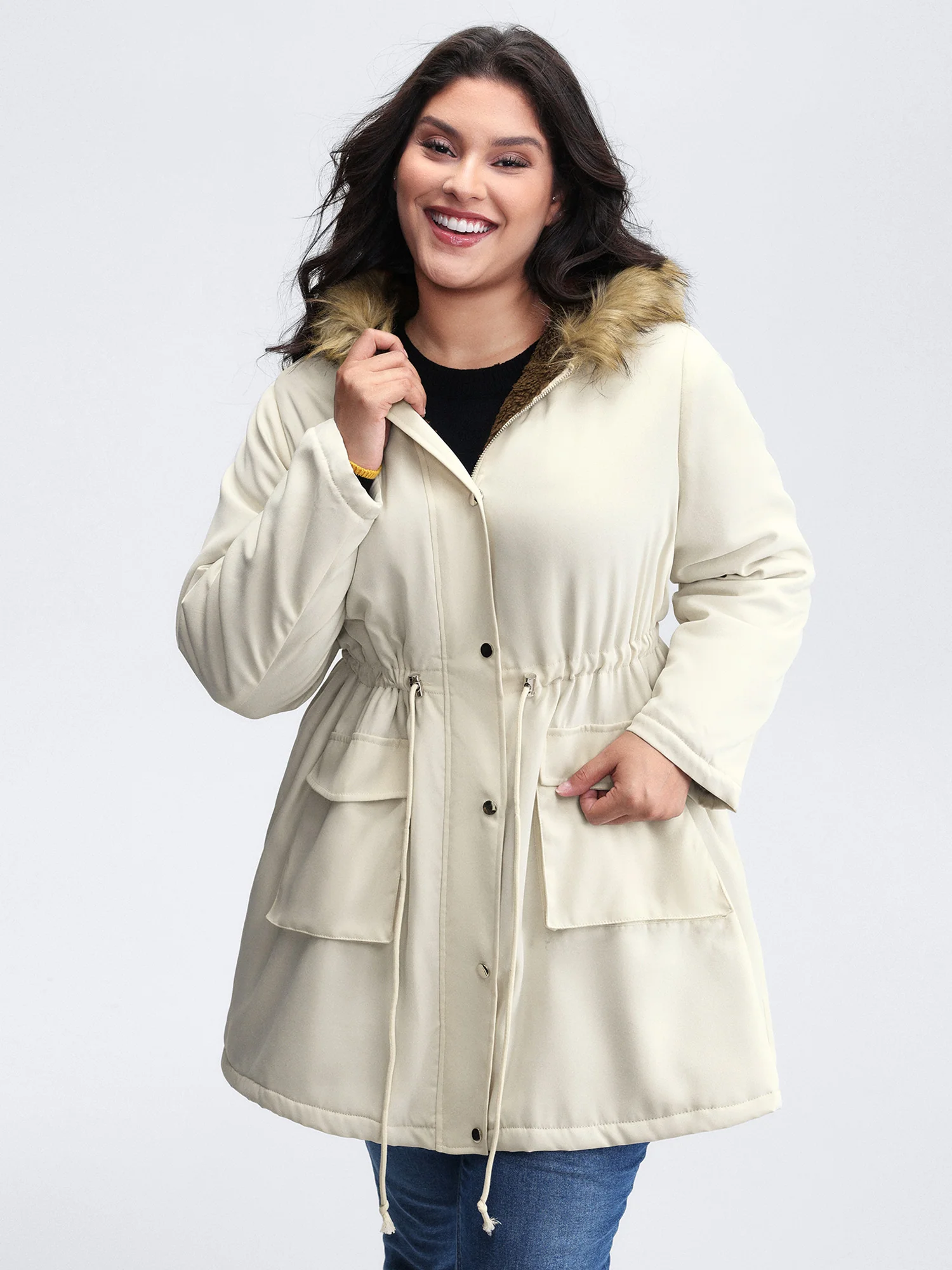Fur Collar Adjustable Drawstring Quilted Jacket - Image 4