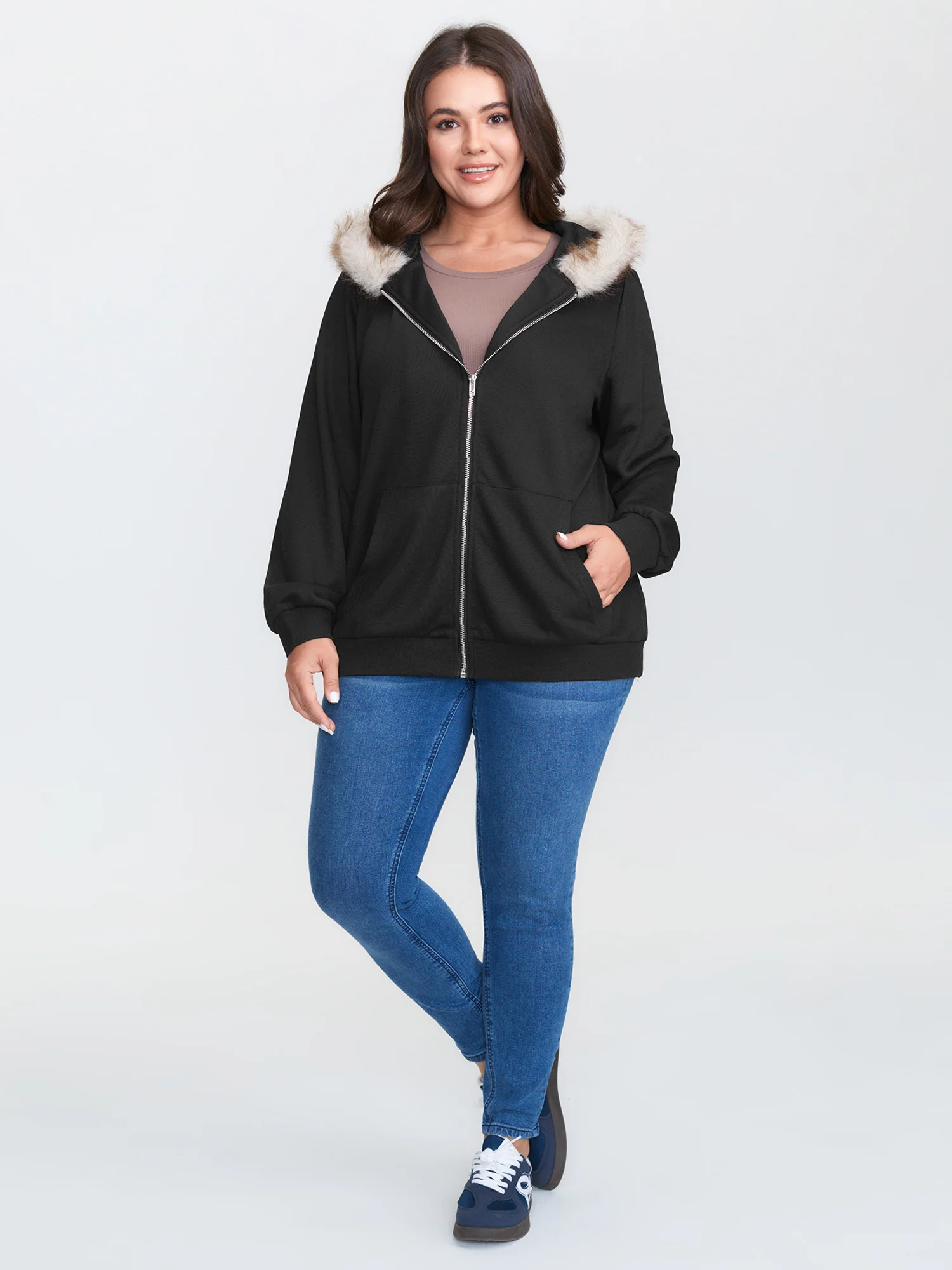 Fur Collar Stretchy Zipper Jacket - Image 2