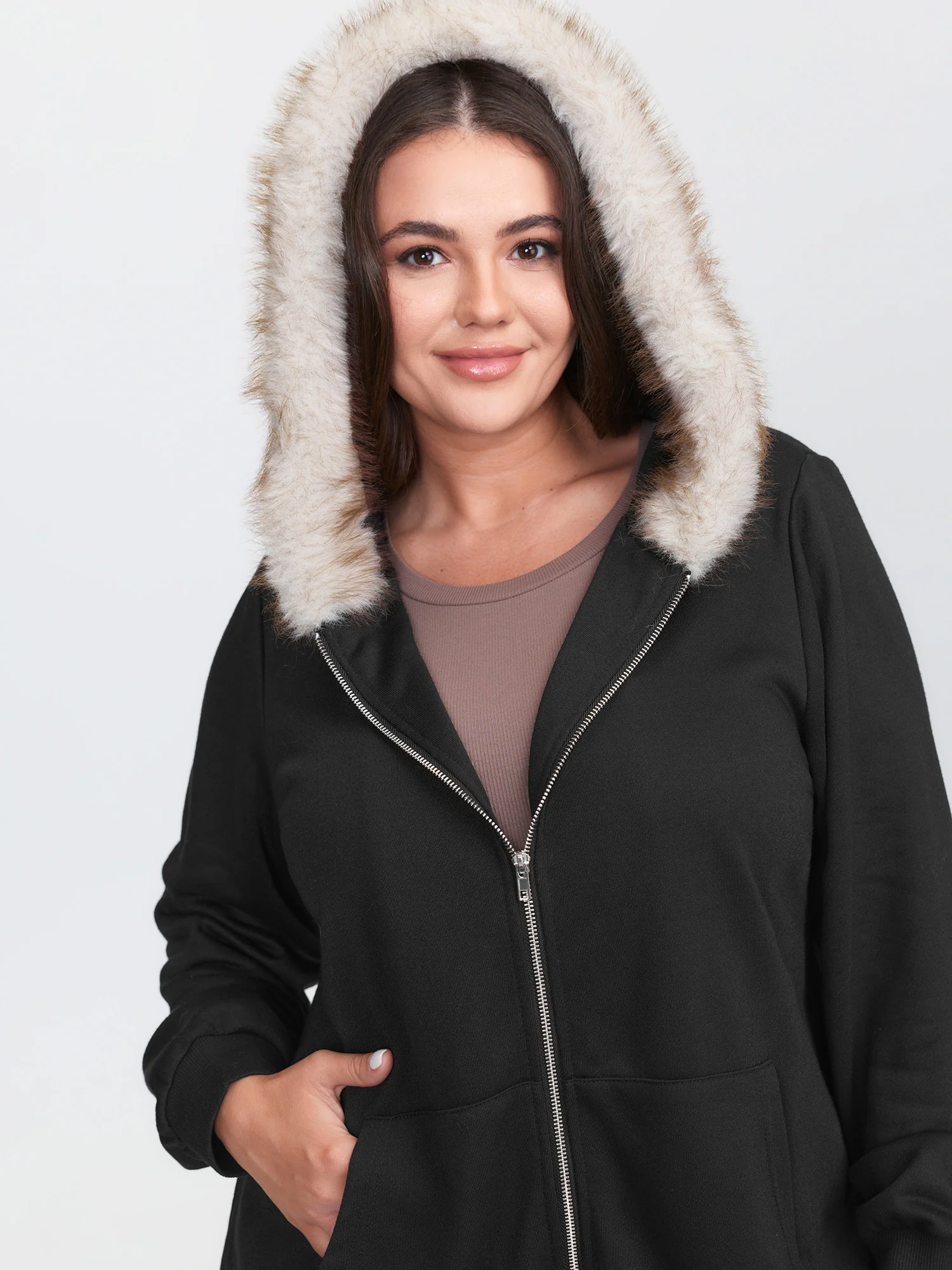 Fur Collar Stretchy Zipper Jacket - Image 3