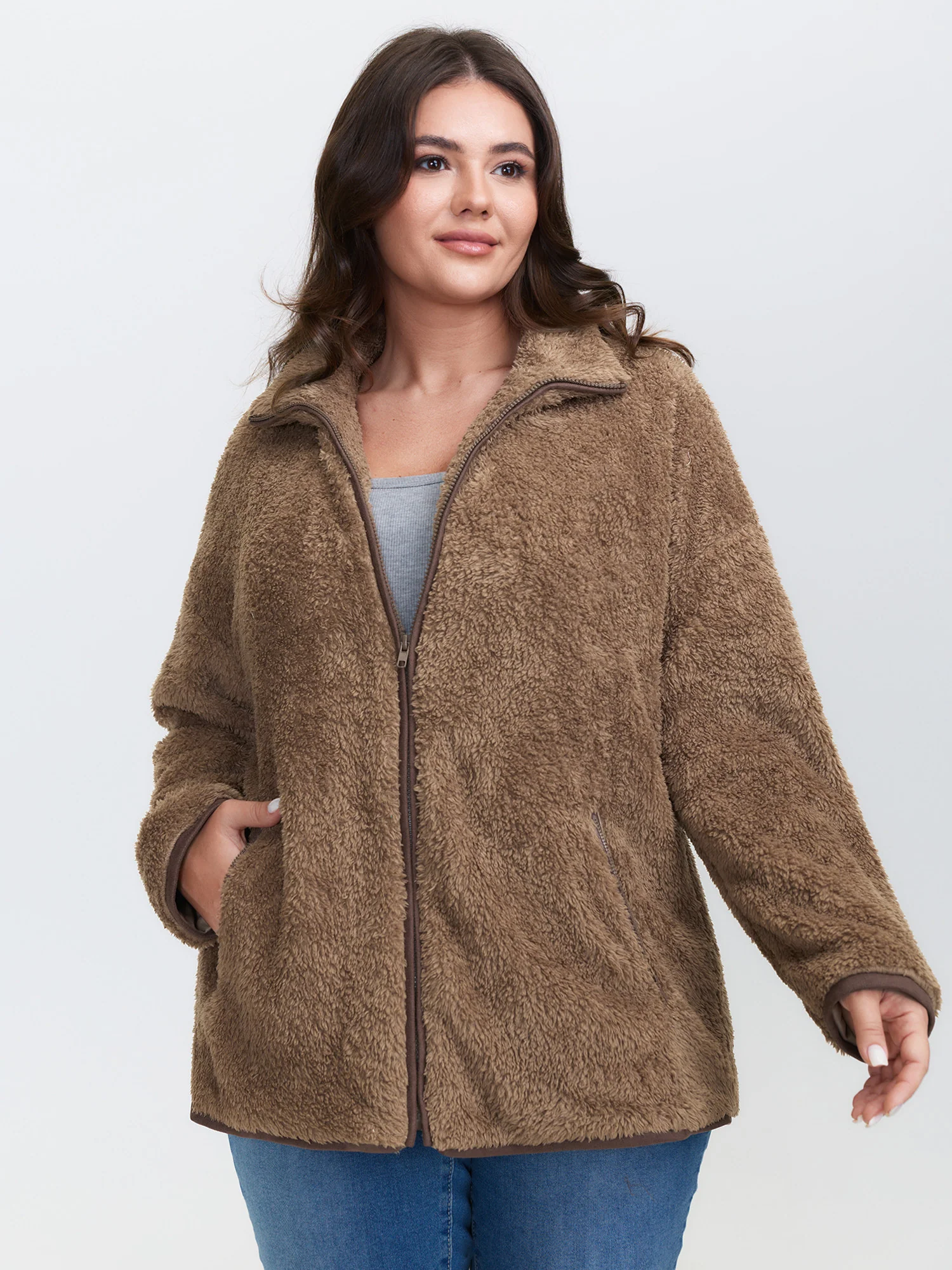 Furry Textured Color Contrast Pockets Jacket - Image 5