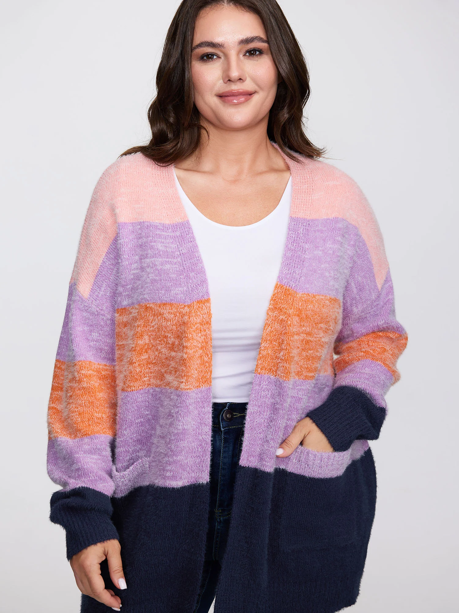Furry Textured Colorblock Knit Cardigan - Image 2