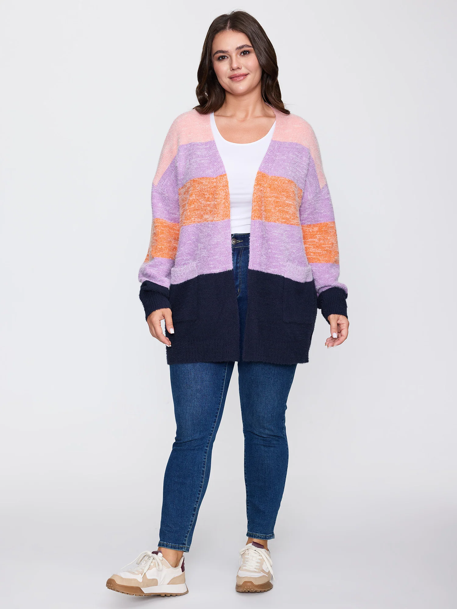 Furry Textured Colorblock Knit Cardigan - Image 3