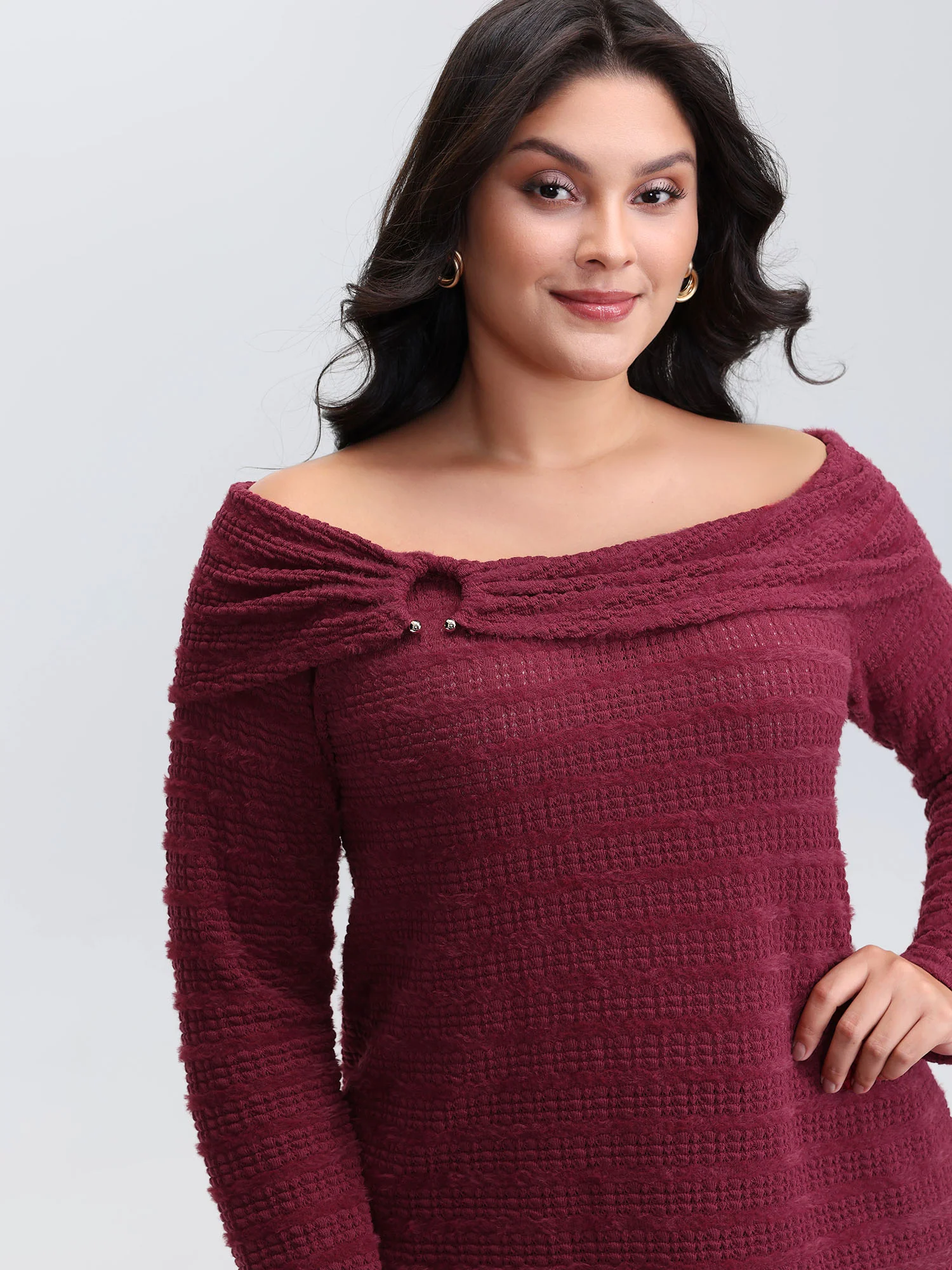 Furry Textured Off-Shoulder Knit Top - Image 2