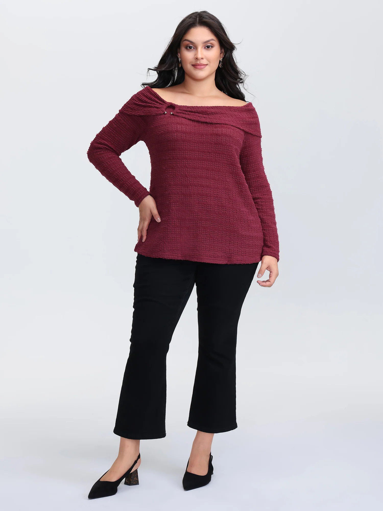 Furry Textured Off-Shoulder Knit Top - Image 3
