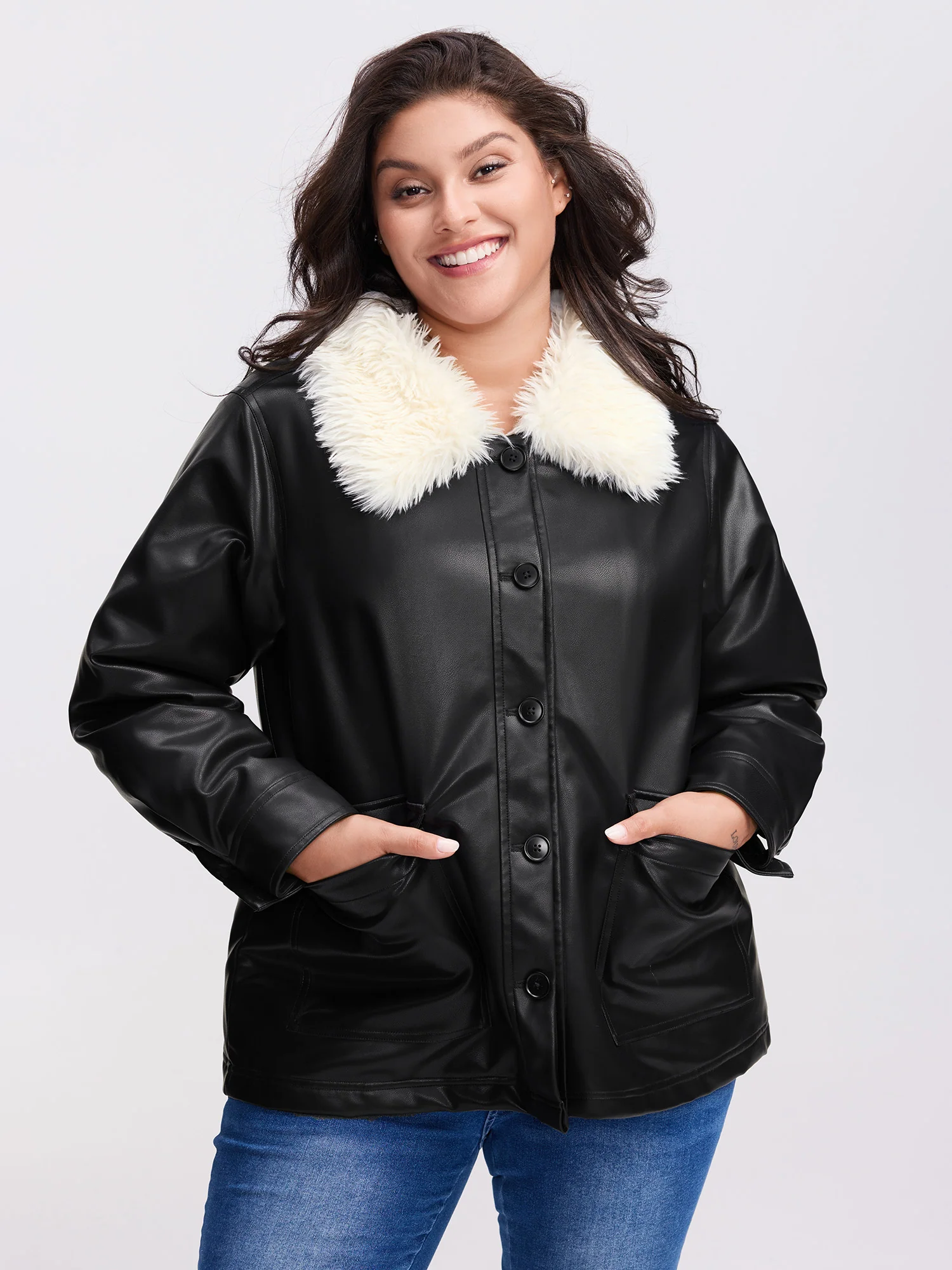 Fuzzy Collar Button Quilted Jacket - Image 2