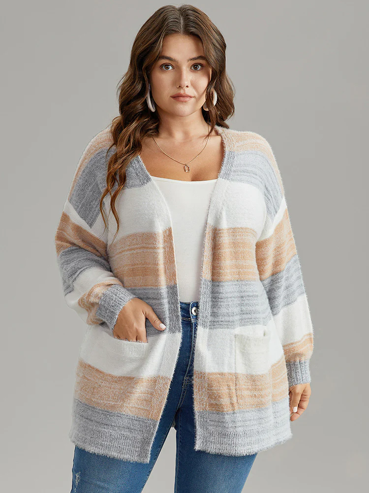 Fuzzy Colorblock Heather Drop Shoulder Cardigan - Image 3