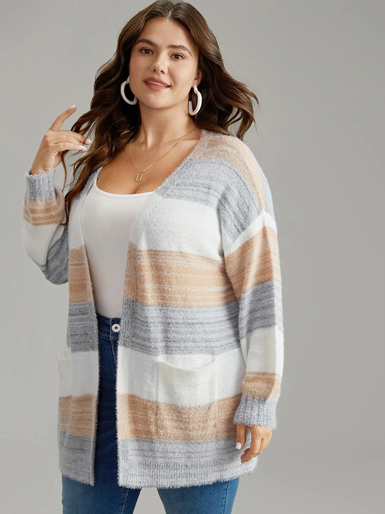 Fuzzy Colorblock Heather Drop Shoulder Cardigan - Image 4