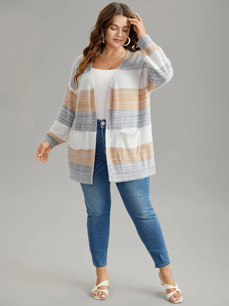 Fuzzy Colorblock Heather Drop Shoulder Cardigan - Image 5