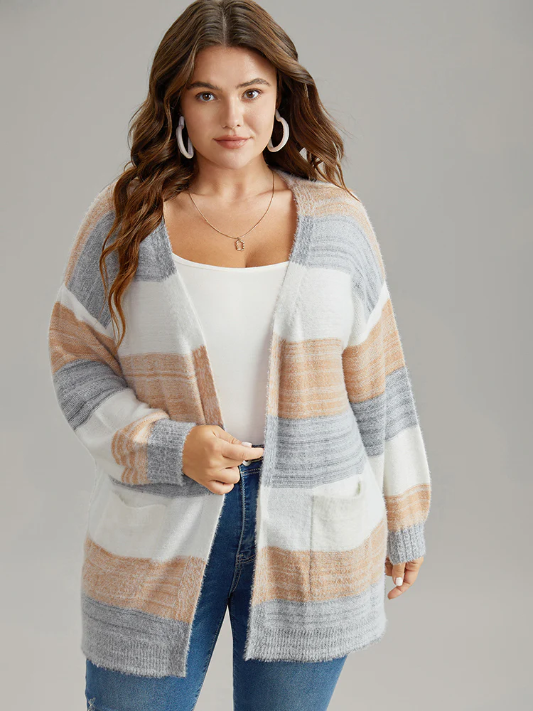 Fuzzy Colorblock Heather Drop Shoulder Cardigan - Image 6