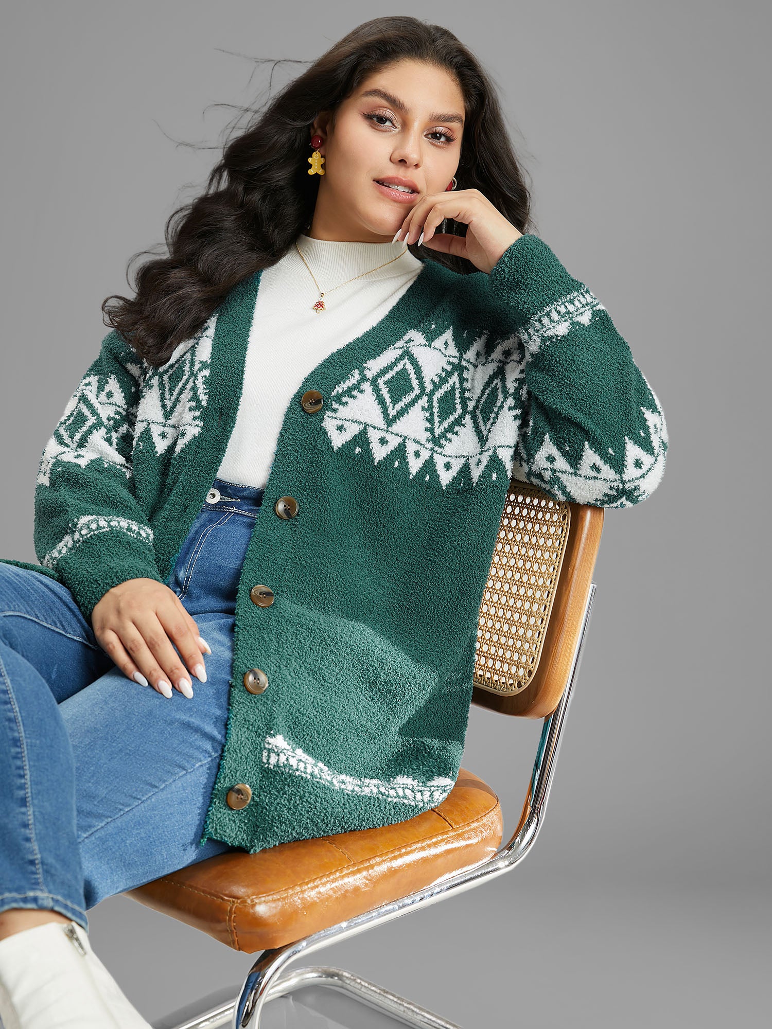 Fuzzy Geo Graphic Button Fly Cardigan